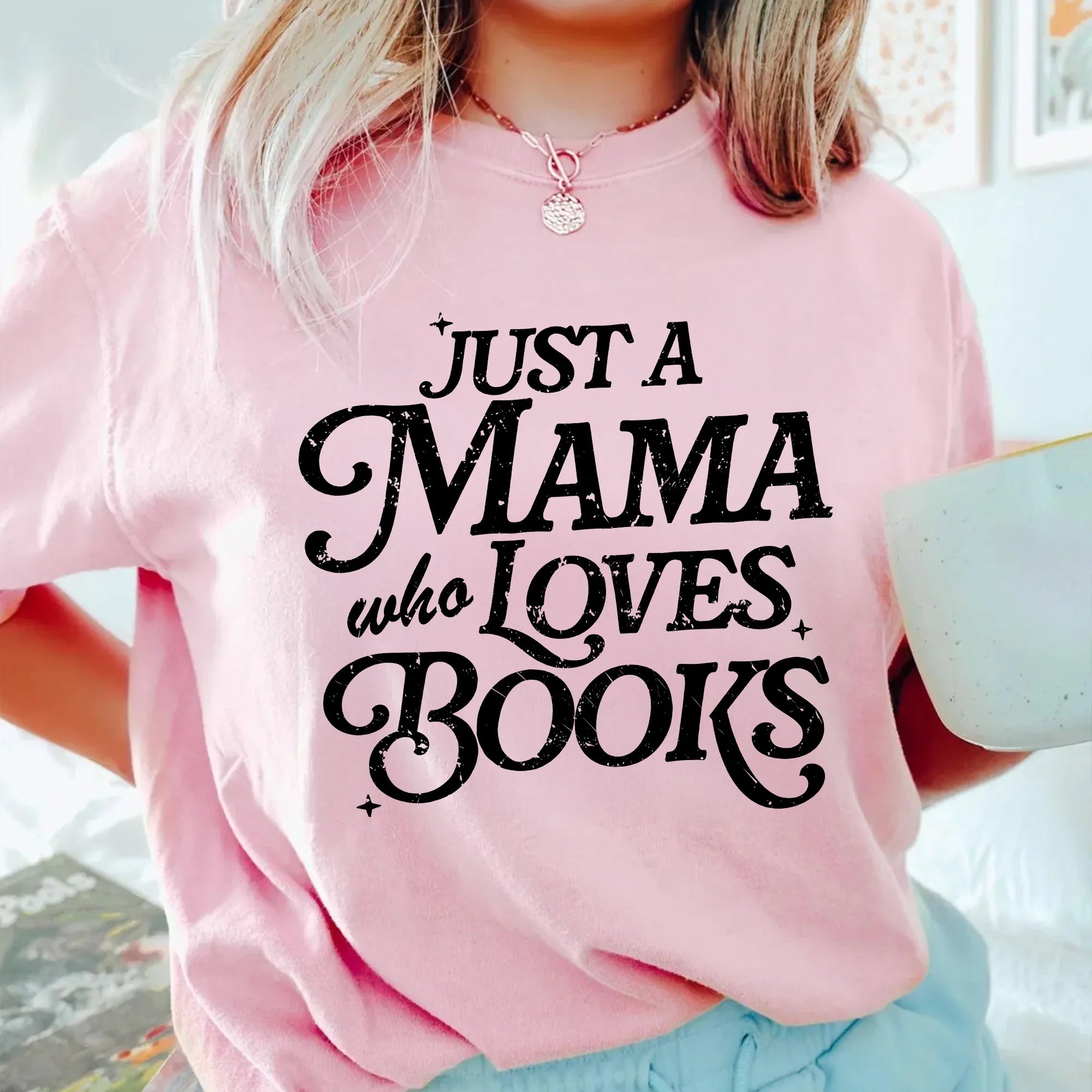 Just A Mama Who Loves Books T-Shirt – Book Lover Mom Shirt, Cute Bookish Tee, Bookworm Gift for Moms, Reading Sticker-Inspired Design