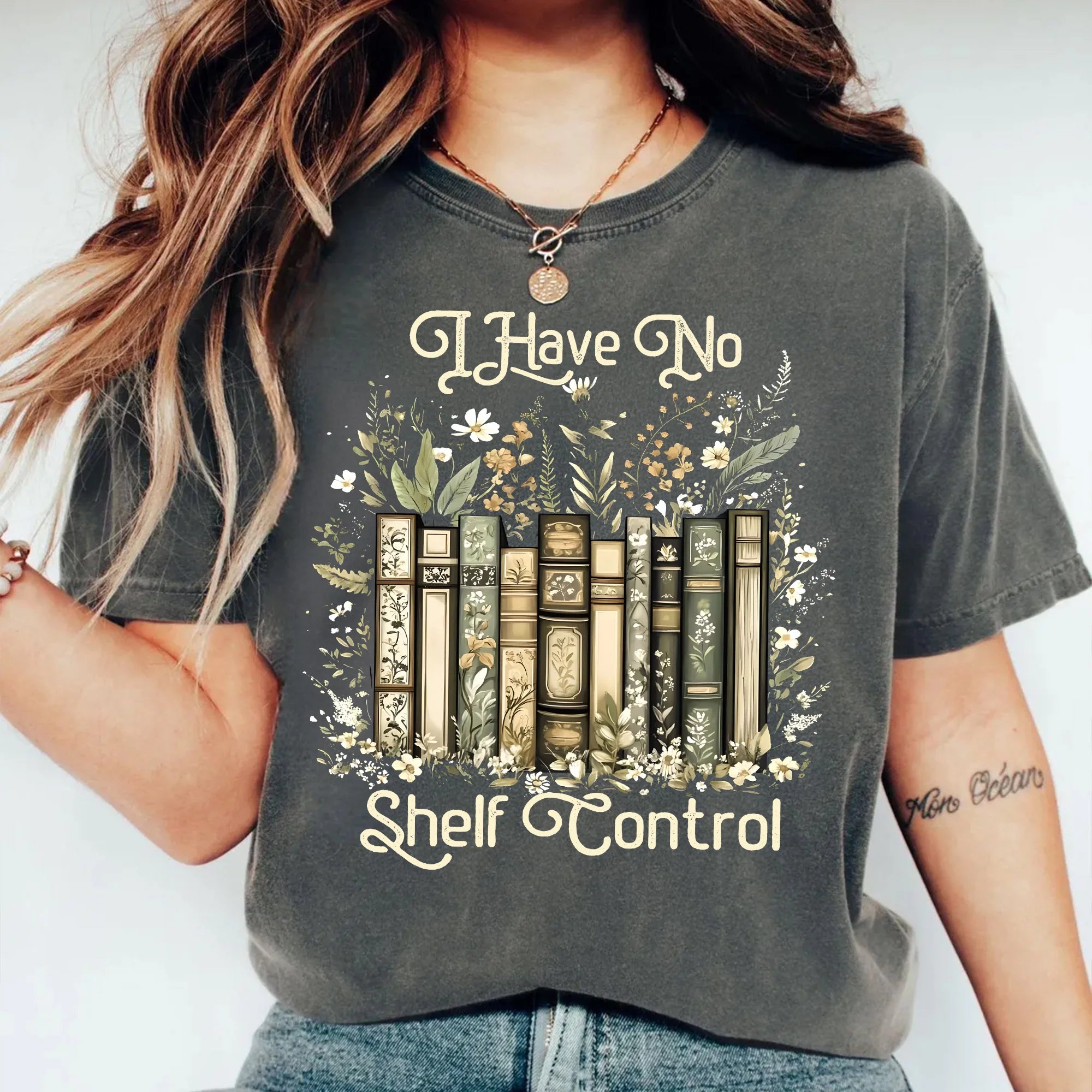 I Have No Shelf Control T-Shirt – Funny Book Lover Tee, Floral Bookshelf Graphic Shirt, Reading-Themed Gift for Bookworms and Bibliophiles