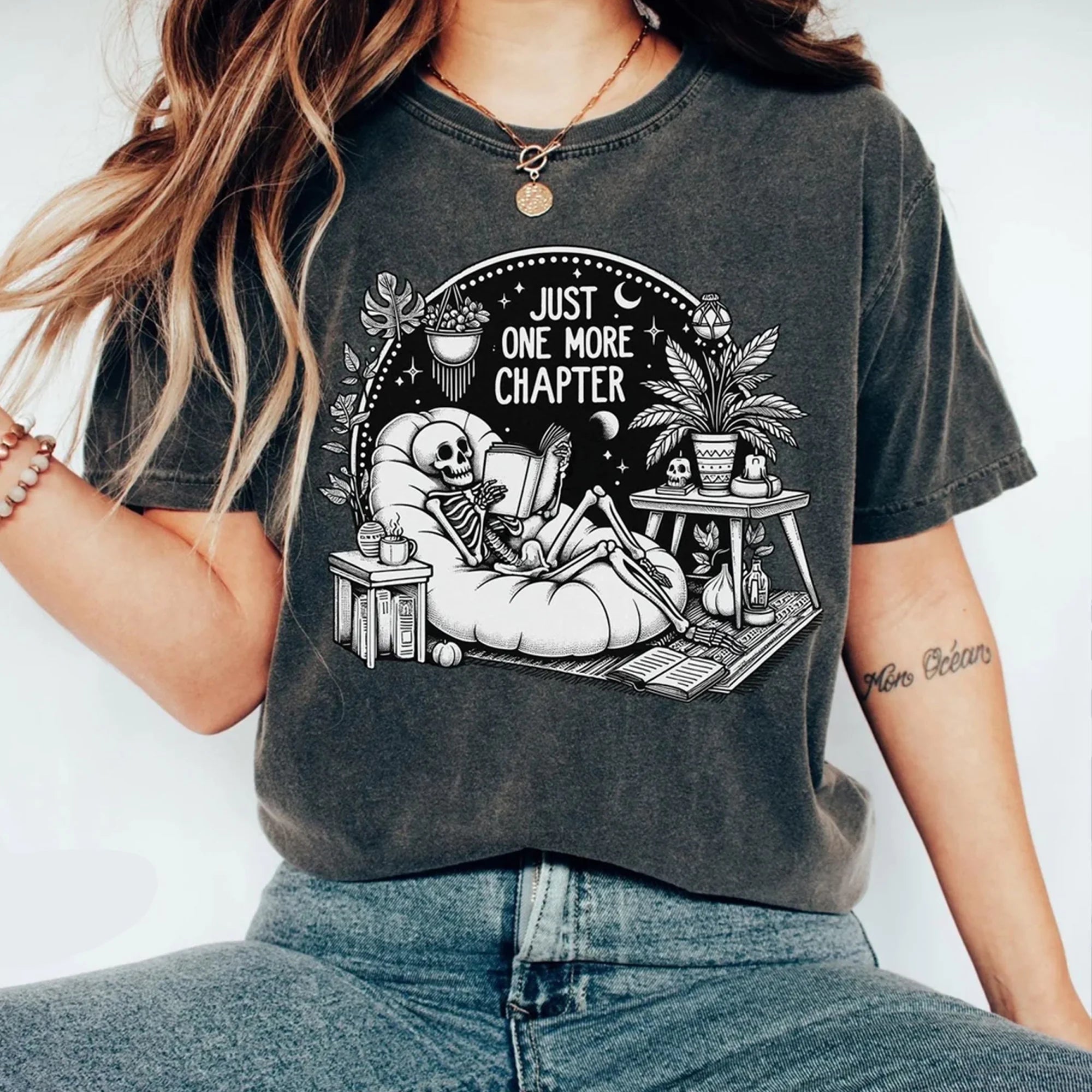 One More Chapter T-Shirt – Funny Bookish Skeleton Reading Shirt, Halloween Book Lover Tee, Spooky Bookworm Gift for Readers