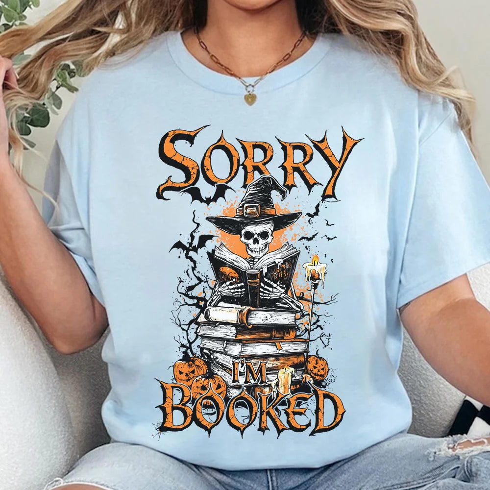 Halloween I'm Booked T-Shirt – Spooky Book Lover Shirt, Witchy Reading Tee, Skeleton Book Club Shirt, Haunted Book Stack Graphic Tee