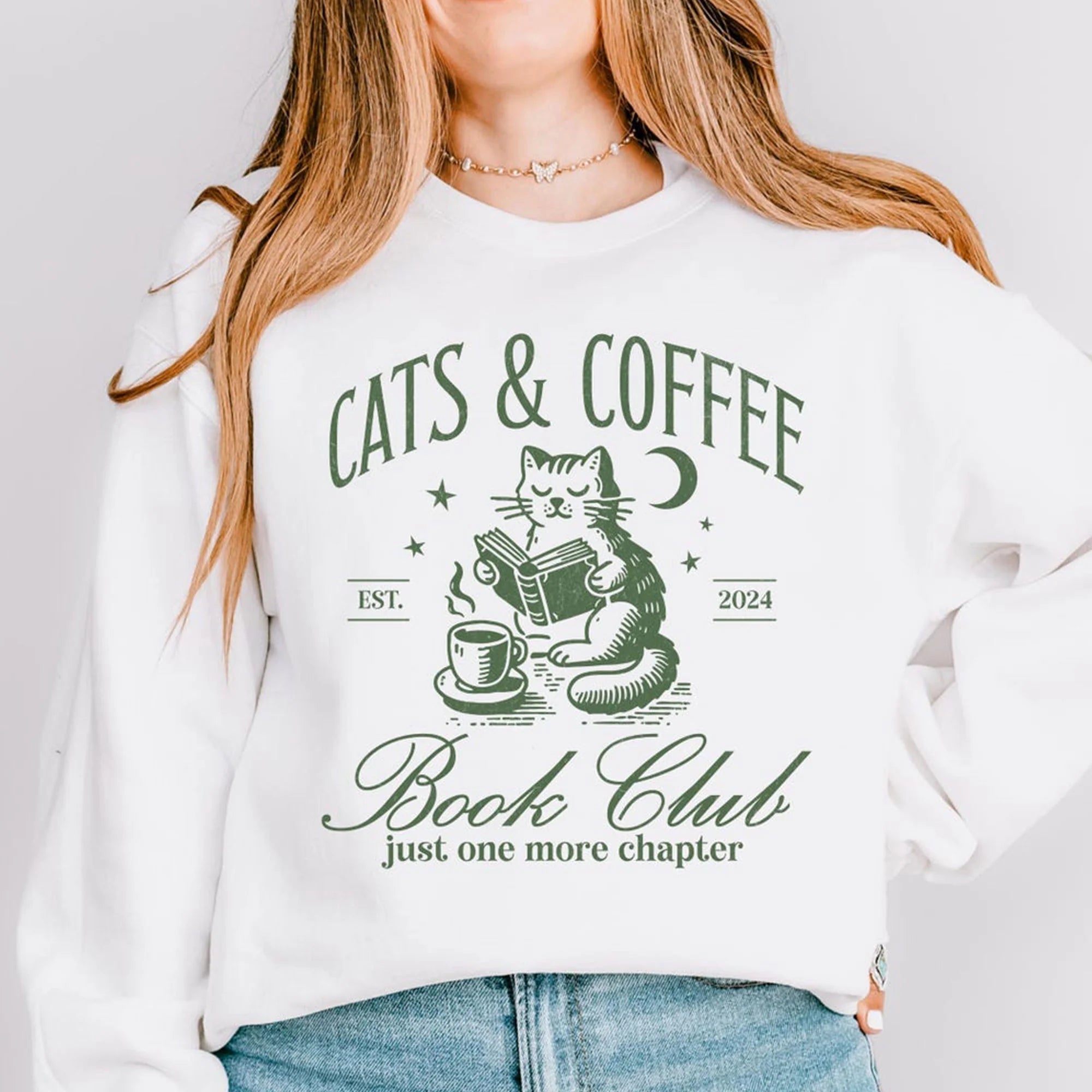 Cats and Coffee Bookclub Sweatshirt - Cute Bookish Cat Crewneck - Cozy Gift for Coffee, Cat, and Book Lovers