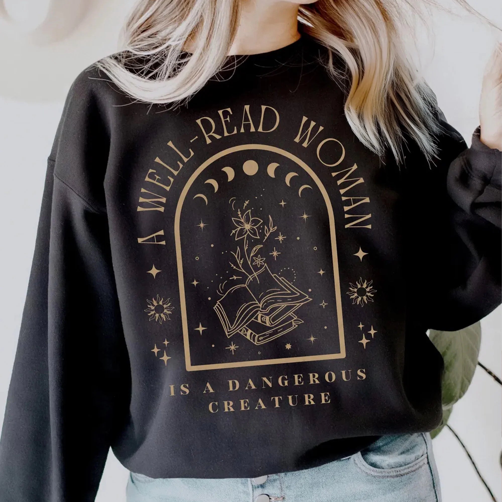 A Well Read Woman Bookish Sweatshirt Book Sweatshirt Reading Sweatshirt Literature Shirt Librarian Shirt Bookish Crewneck Celestial Sweater