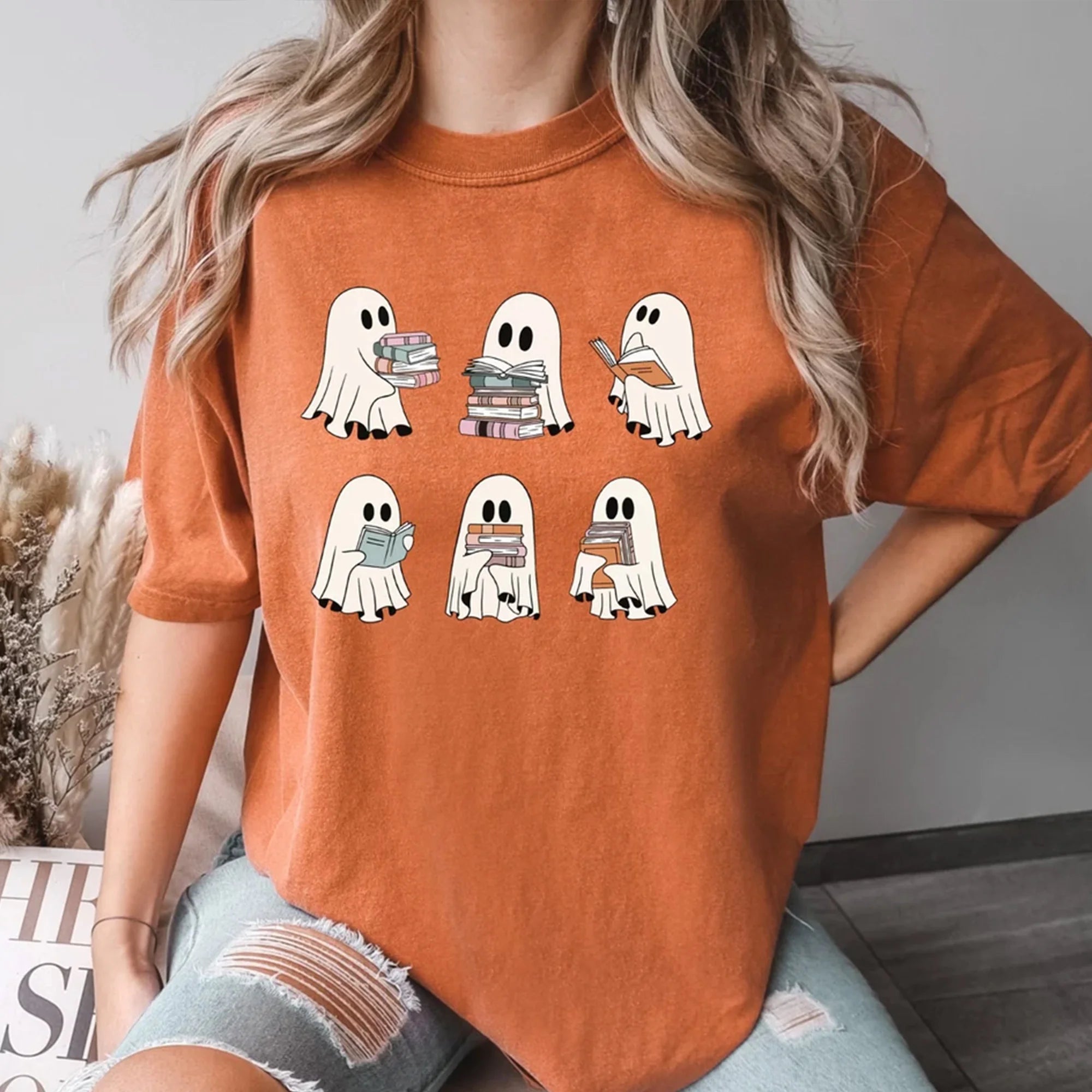 Comfort Colors® Ghost Reading Books T-Shirt, Halloween Teacher Gift, Ghost Reading Book Sweater, Spooky Season Trendy Shirt, Halloween Ghost