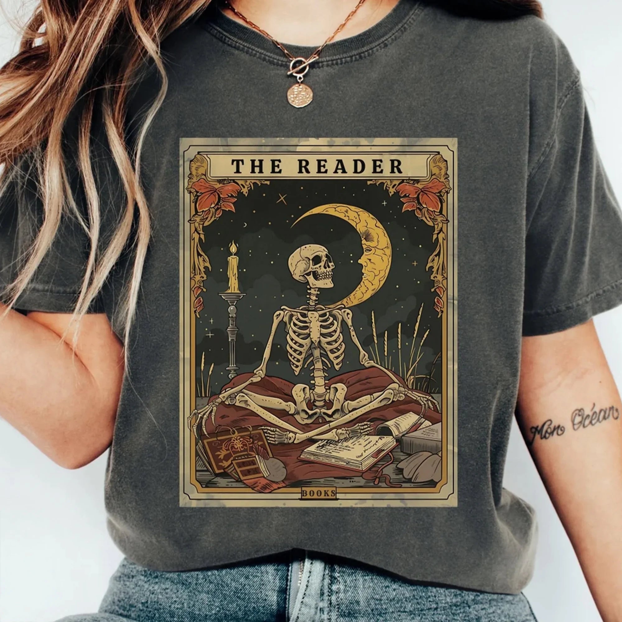Comfort Colors The Reader Tarot Card Shirt, Skeleton Reading T-Shirt, Unisex Tarot Card Shirt, Book Lover Gift, Bookish Gift,Tarot Lover Gift