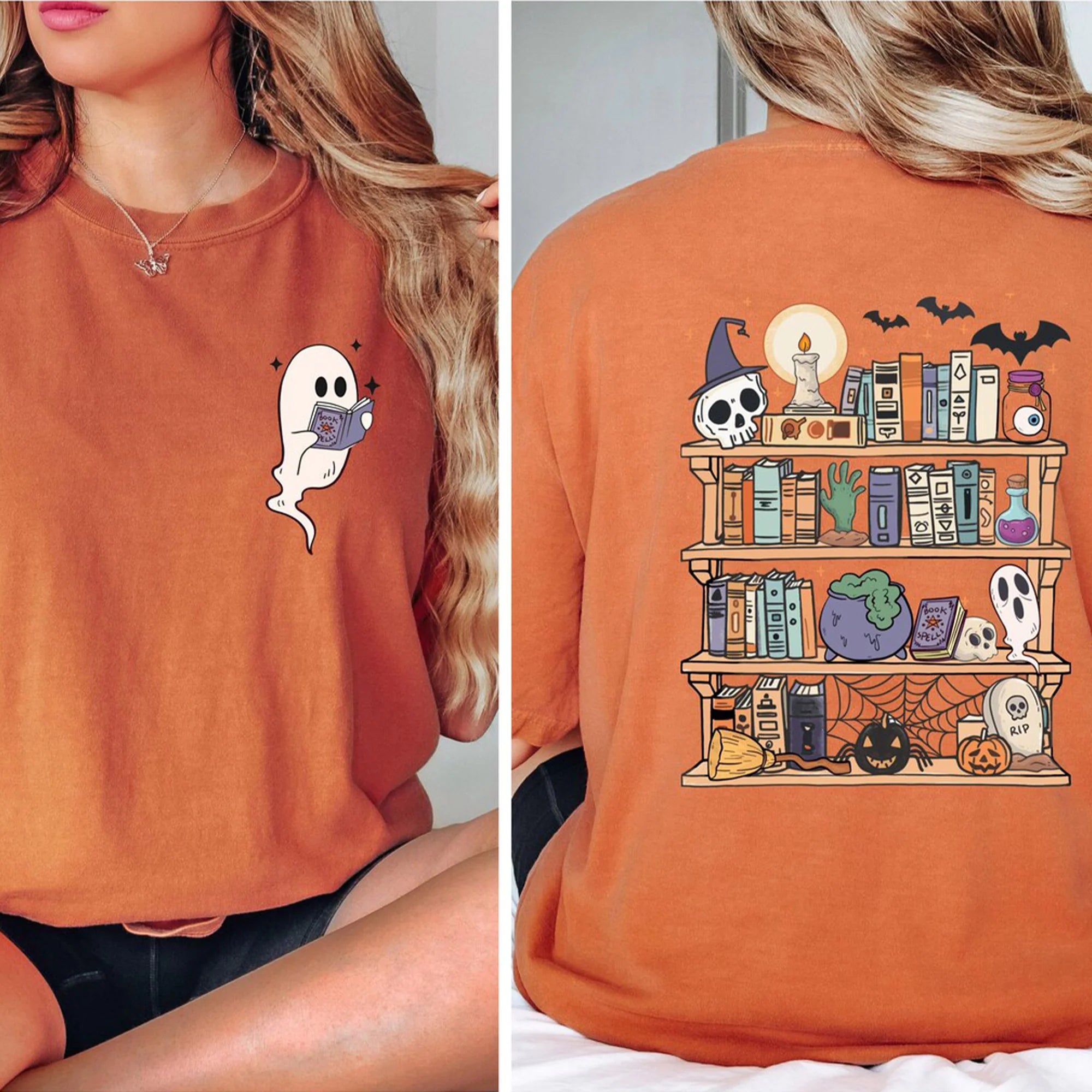 Comfort Colors® Reading Book Ghost T-Shirt, Halloween Teacher Shirt, Book Lover Halloween Shirt, Retro Halloween Shirt, Ghost Halloween Tee