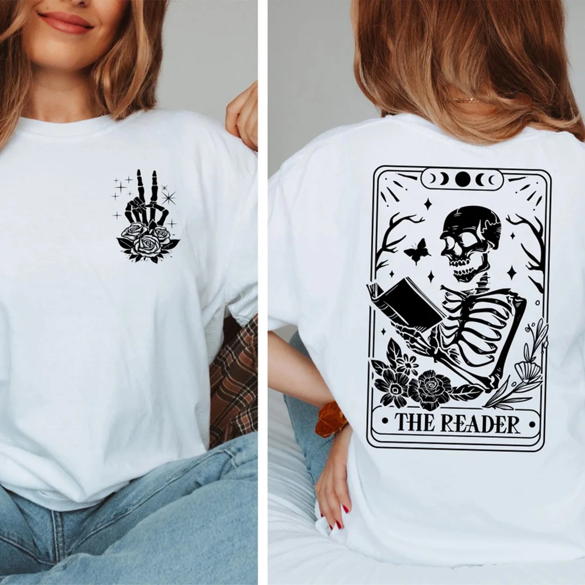 The Reader Tarot Card Front And Back Printing Shirt, Skeleton Reading T-shirt,  Book Lover Tee, Book Lover Gift For Women, Tarot Card Shirt