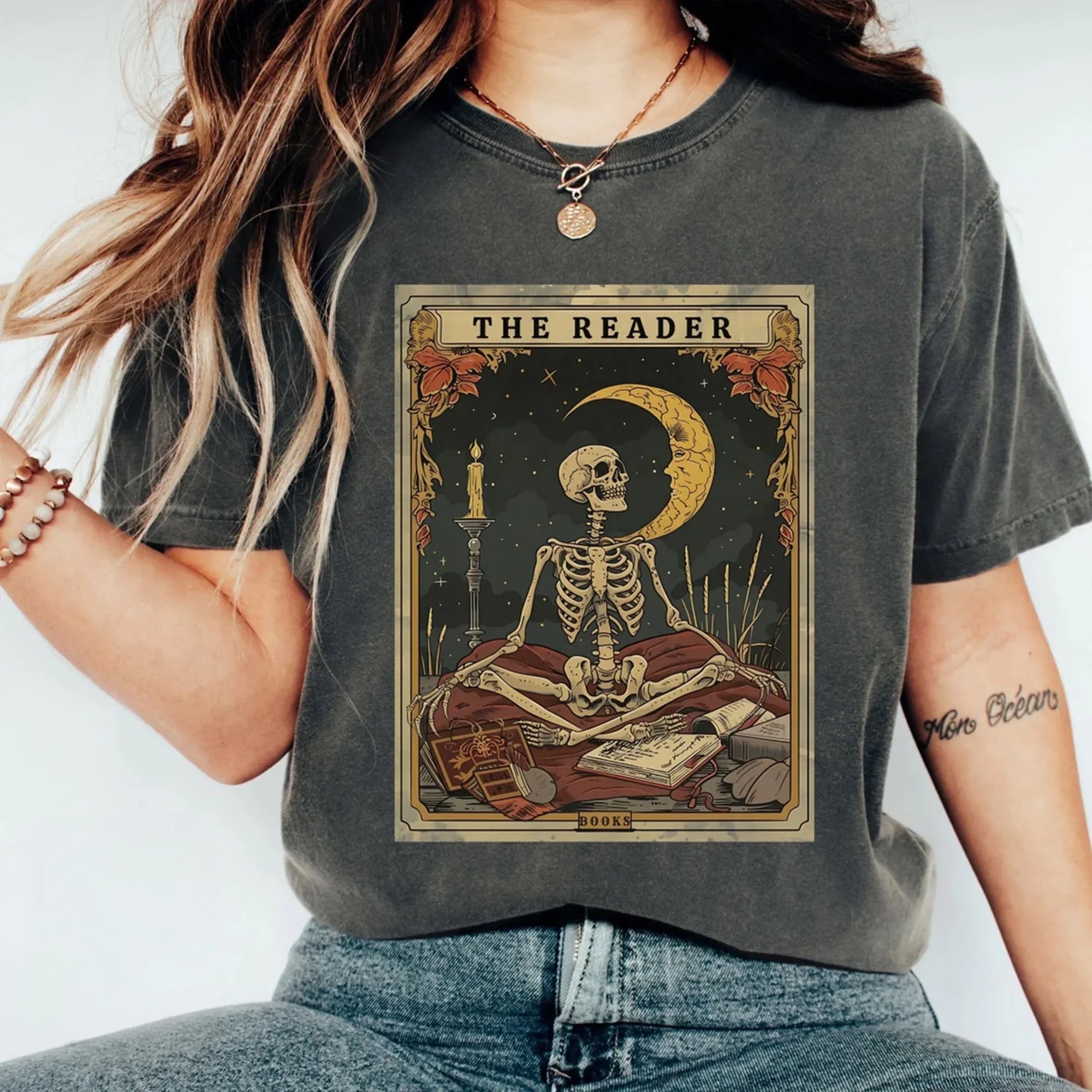 Comfort Colors® The Reader Tarot Card T-Shirt, Skeleton Reading Shirt, Unisex Tarot Card Shirt, Book Lover Gift, Bookish Gift,Tarot Lover Gift