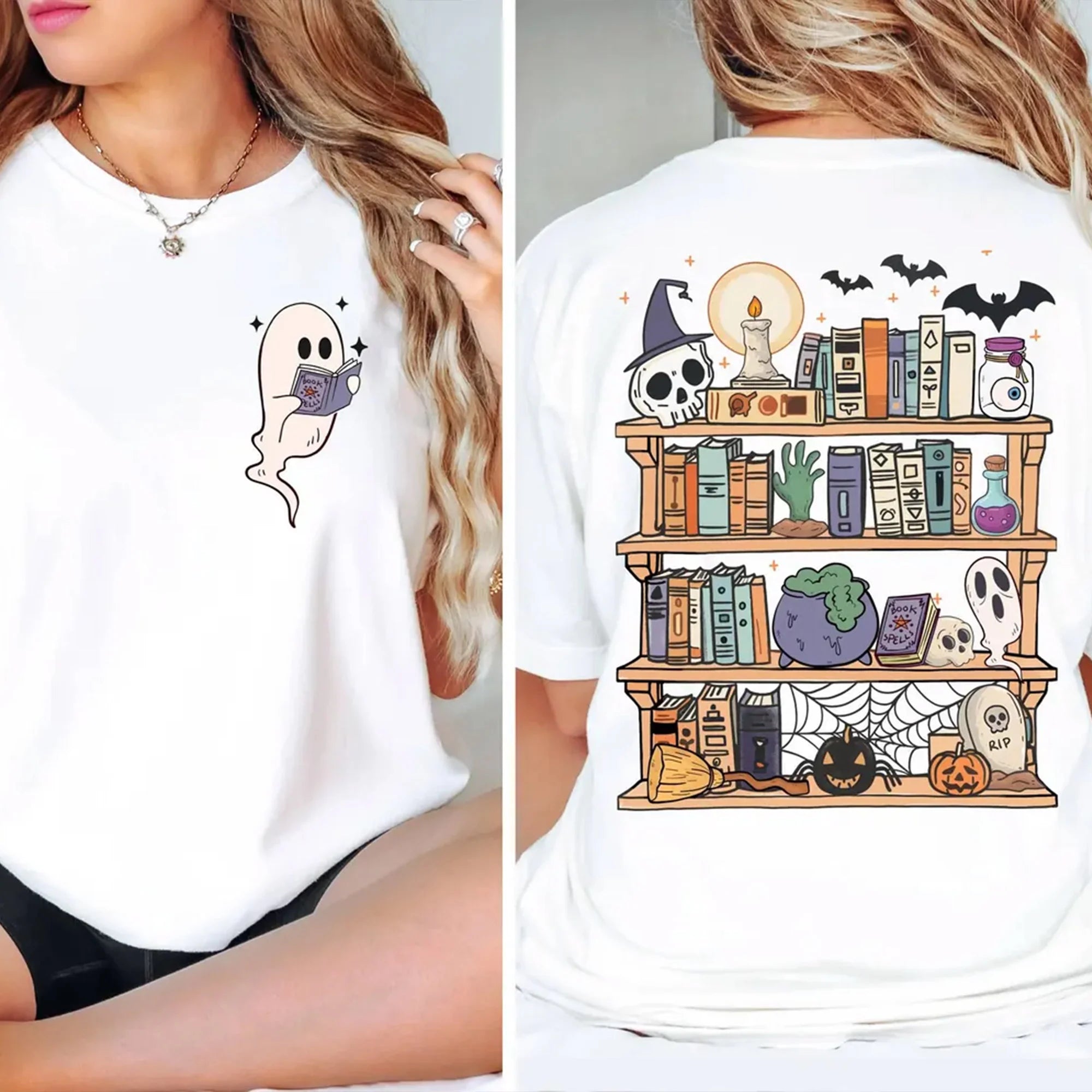 Comfort Colors© Ghost Book Reader T-Shirt,Halloween Library Shirt,Halloween Reading Tee,Book Lover Gift,Skeleton Book Club,Reading Girl Shirts