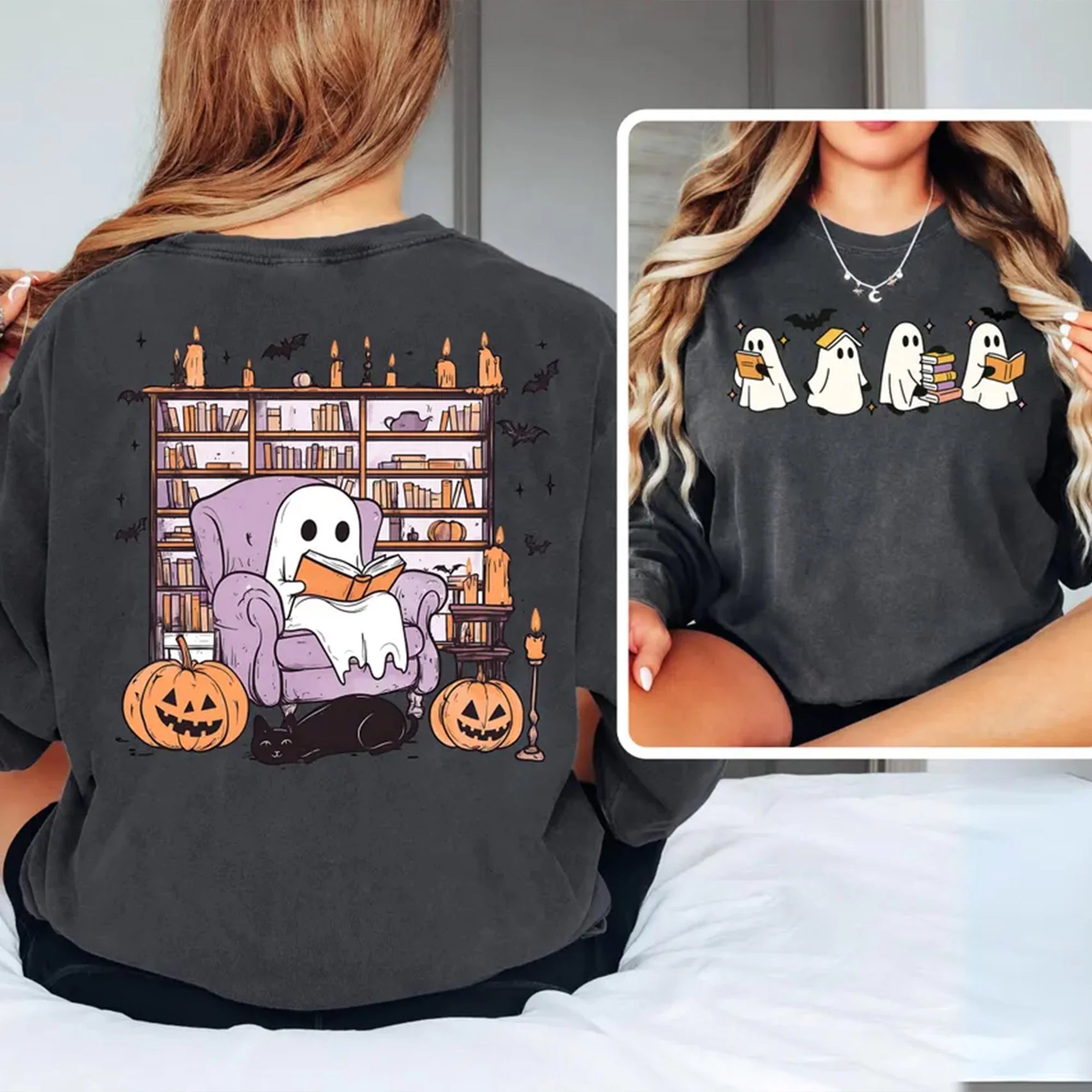 Comfort Colors Ghost Book Reader T-Shirt,Halloween Library Shirt,Halloween Reading Tee,Book Lover Gift,Skeleton Book Club,Reading Girl Shirts