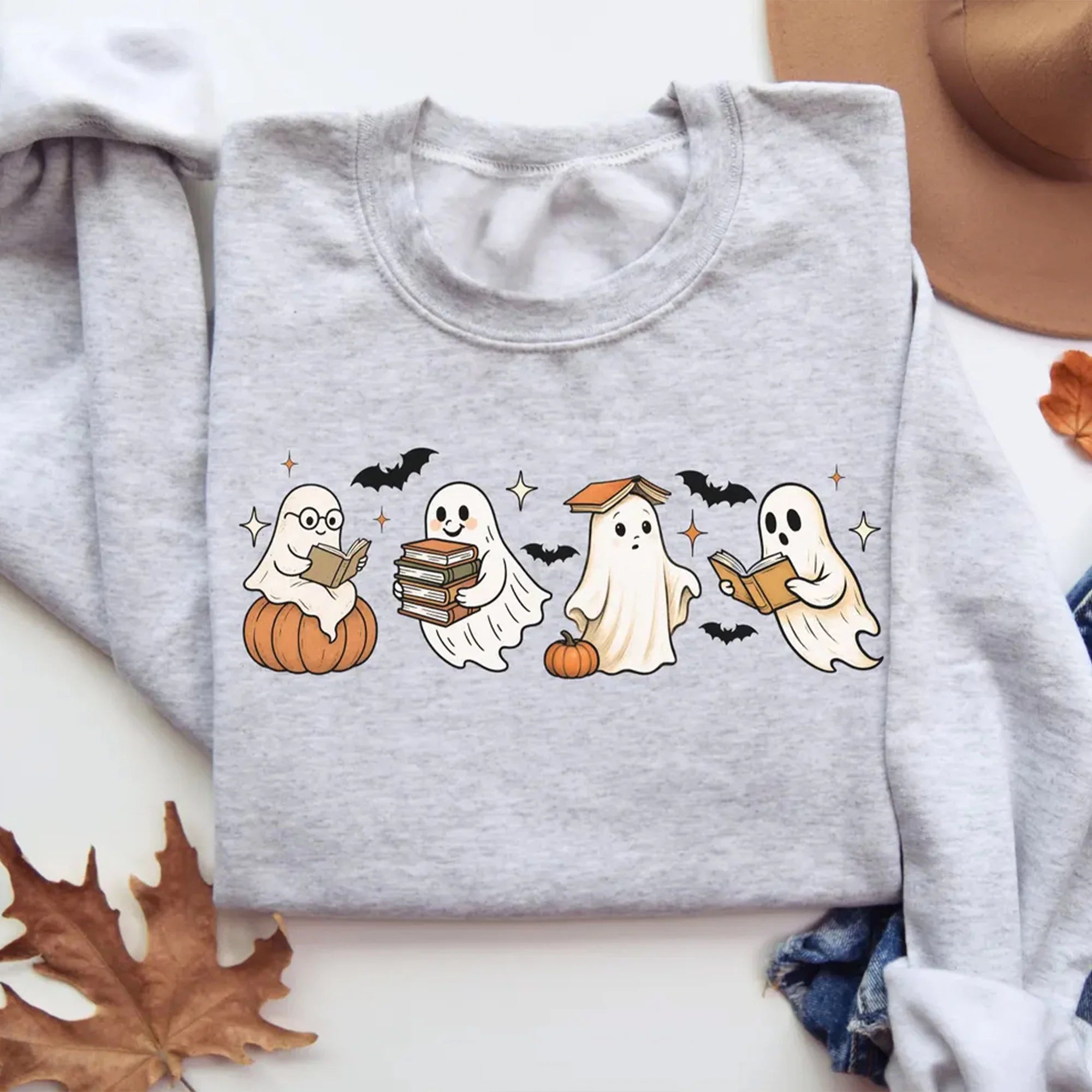 Halloween Ghosts Reading Sweatshirt, Fall Bookish Sweater, Trendy Fall Ghost Crewneck, Halloween Teacher Pullover, Women's Autumn Sweater