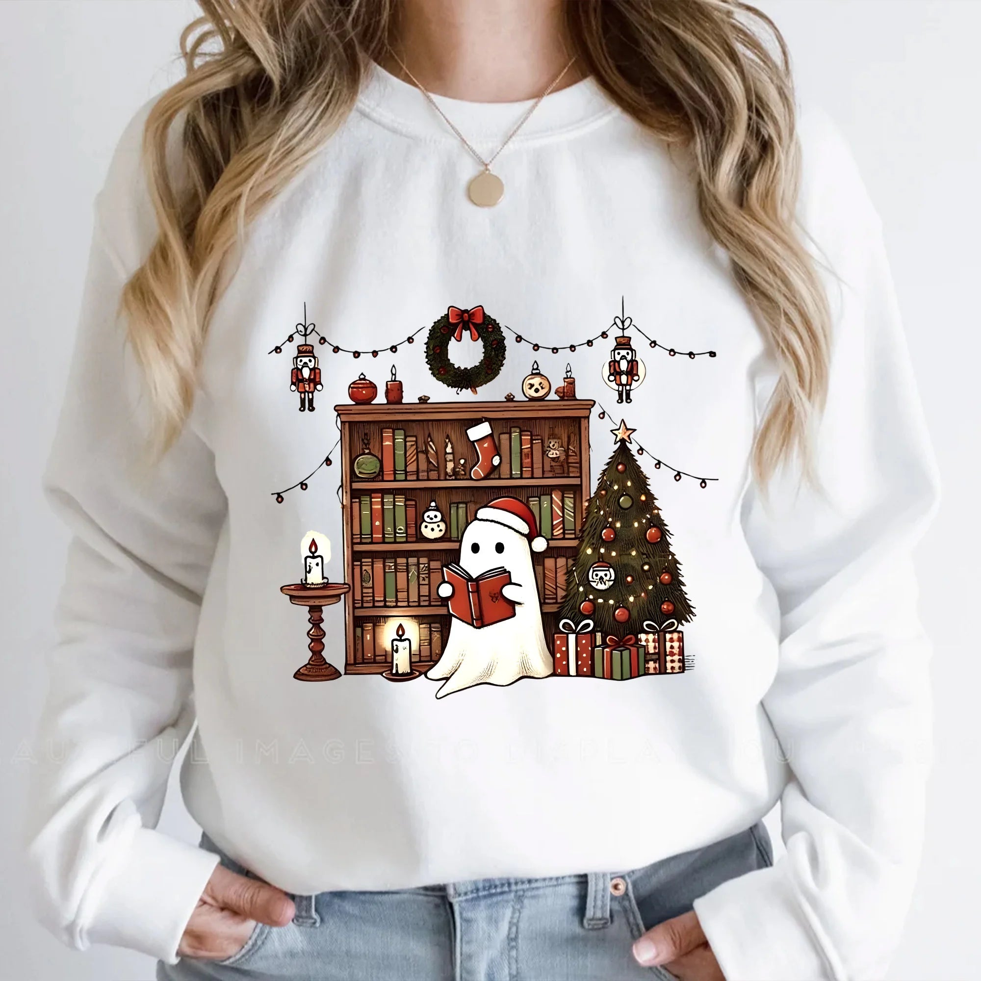 Ghost Reading Books Christmas Sweatshirt, Bookish Christmas Crewneck, Cute Ghost Xmas, Christmas Teacher Gift, Librarian Christmas