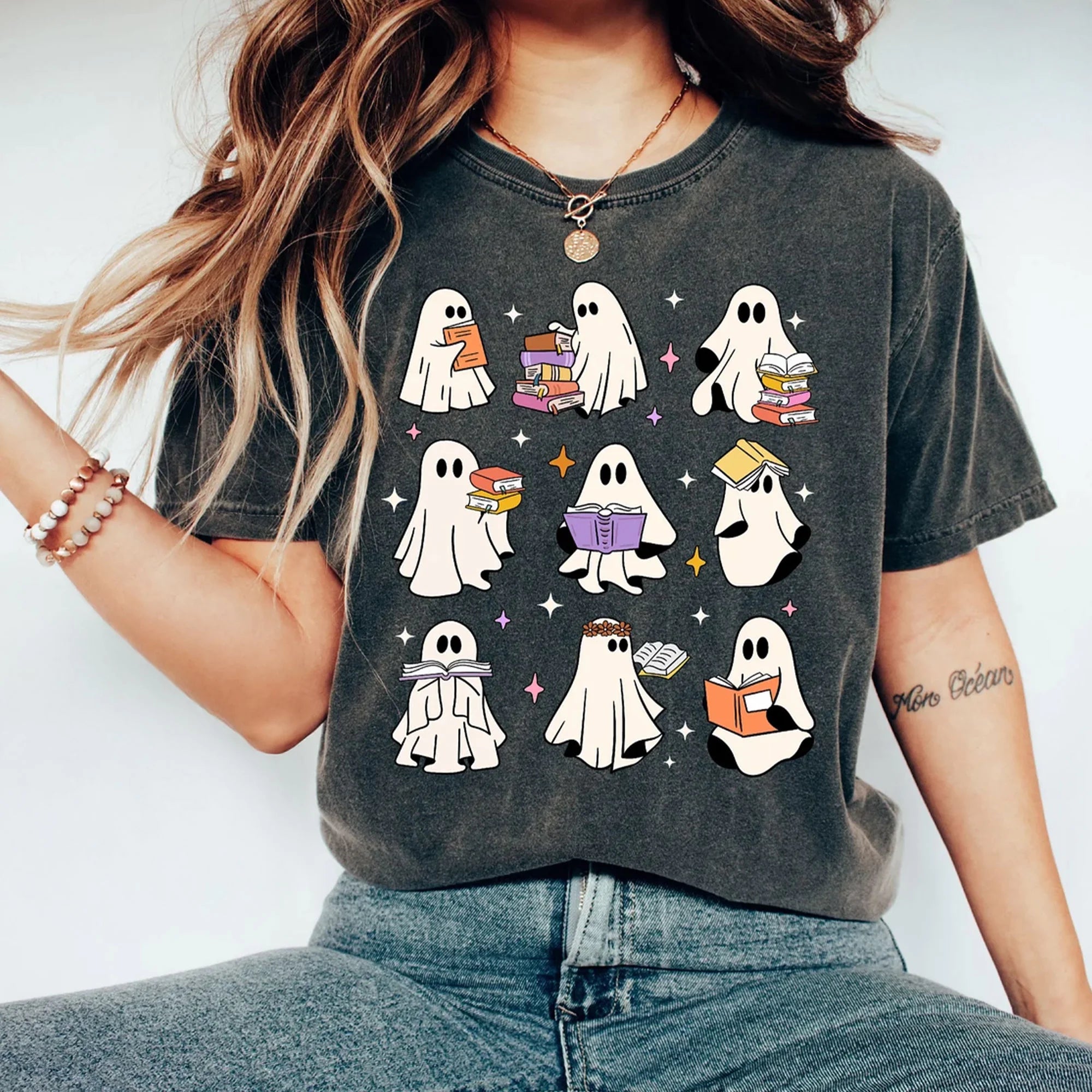 Comfort Colors Ghost Reading Books T-Shirt, Bookish Halloween Shirt, Teacher Librarian Halloween Gift, Halloween Book Lover, Halloween School