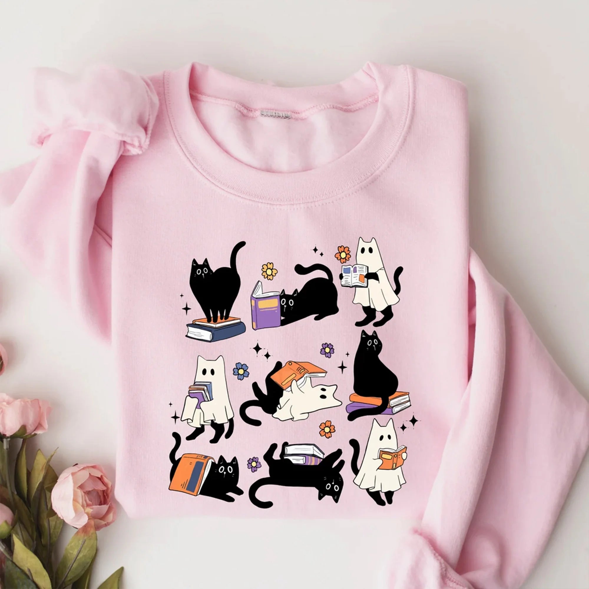 Ghost Black Cat Reading Books Sweatshirt, Librarian Ghost Halloween, Halloween Teacher Sweatshirt, Halloween Shirt, Teacher Gift, Boo School