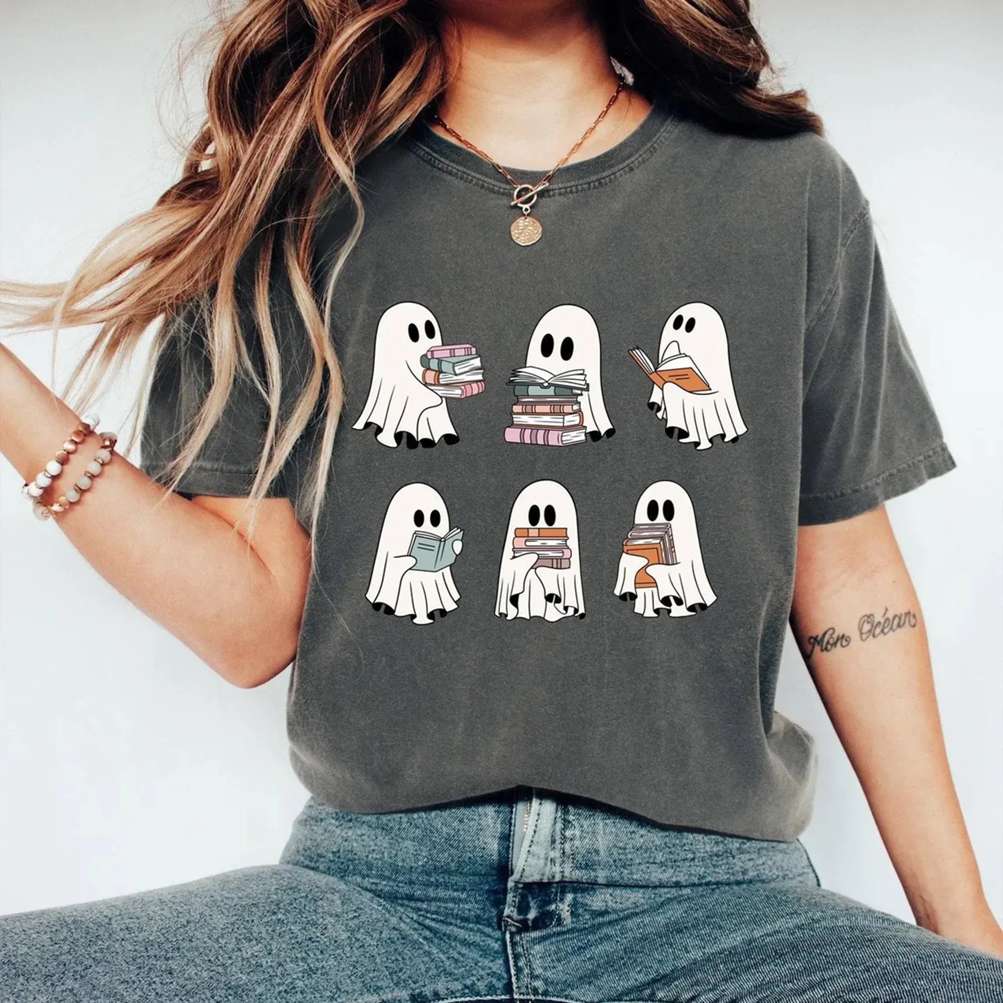 Comfort Colors Cute Ghost Reading Book Halloween T-shirt, Ghost Reading Book Girly Shirt, Ghost Girly Halloween Gift, Trendy Halloween Gift