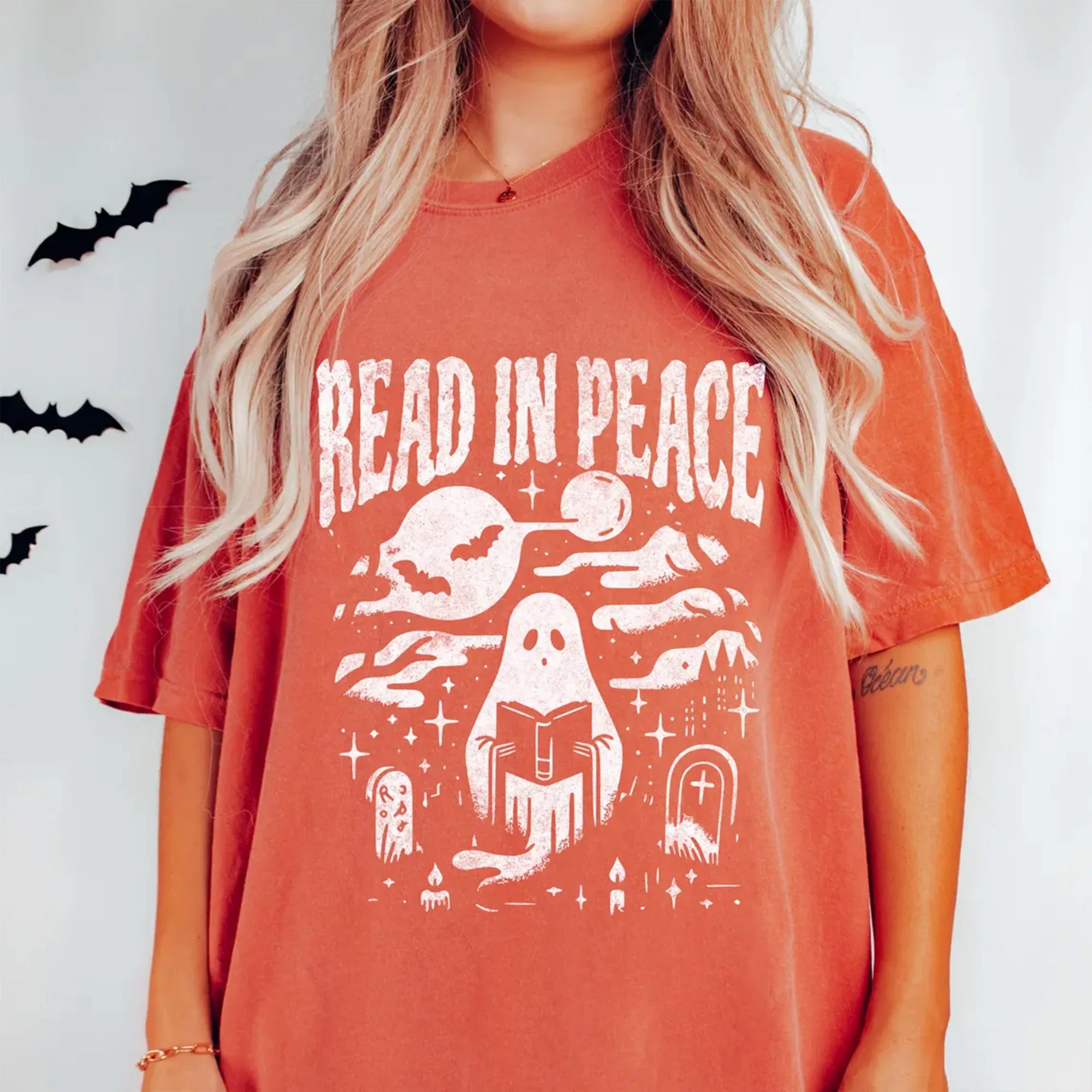 Comfort Colors Halloween Shirt, Read In Peace Ghost Reading Book in Cemetery T-shirt, Boho Bookish Tshirt, Book Lover Trendy Halloween Tee
