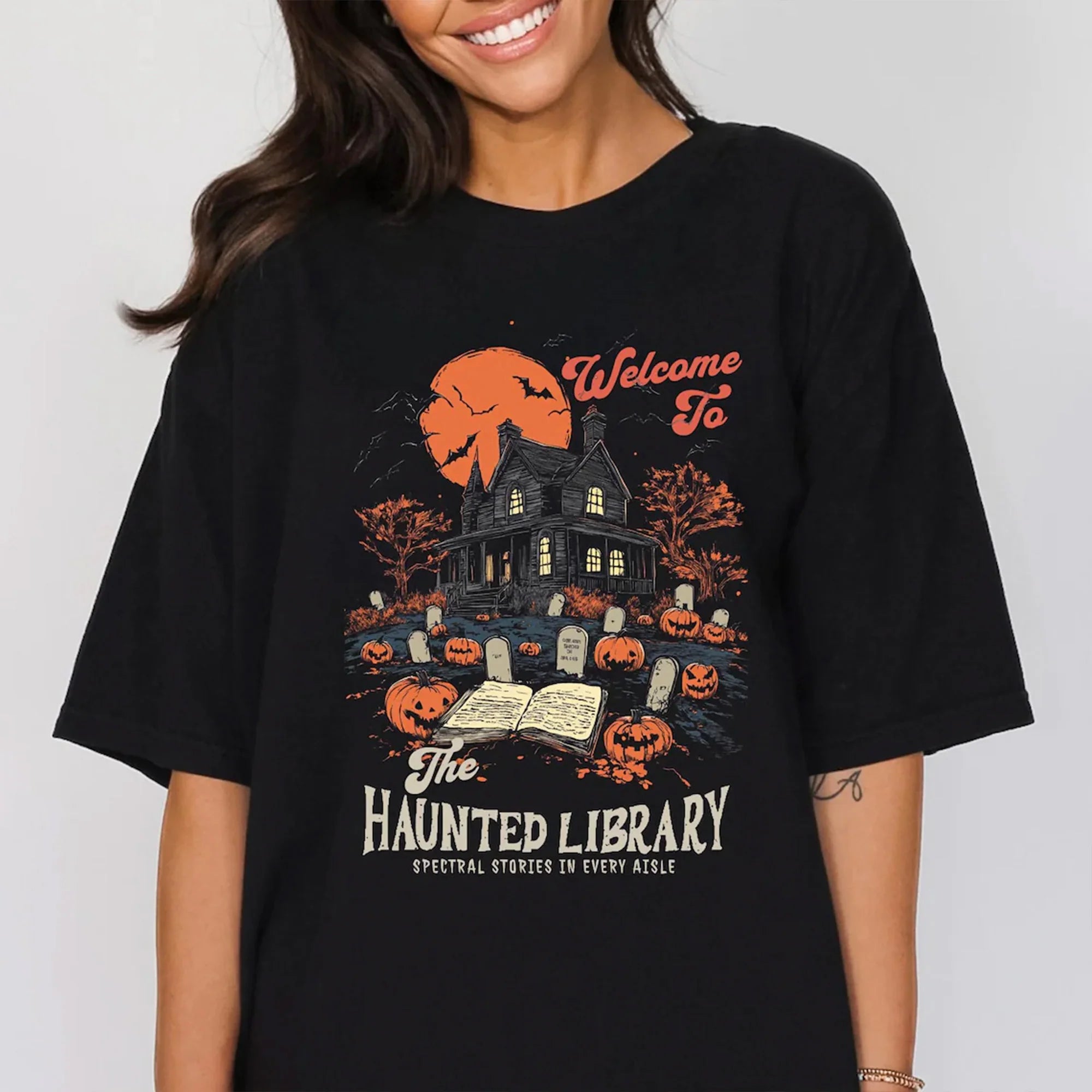 Haunted Library Spooky Readers T-Shirt Halloween Graveyard Book Lovers Gothic Inspired Librariancore Tshirt For Spooky Season Book Nerd Tee