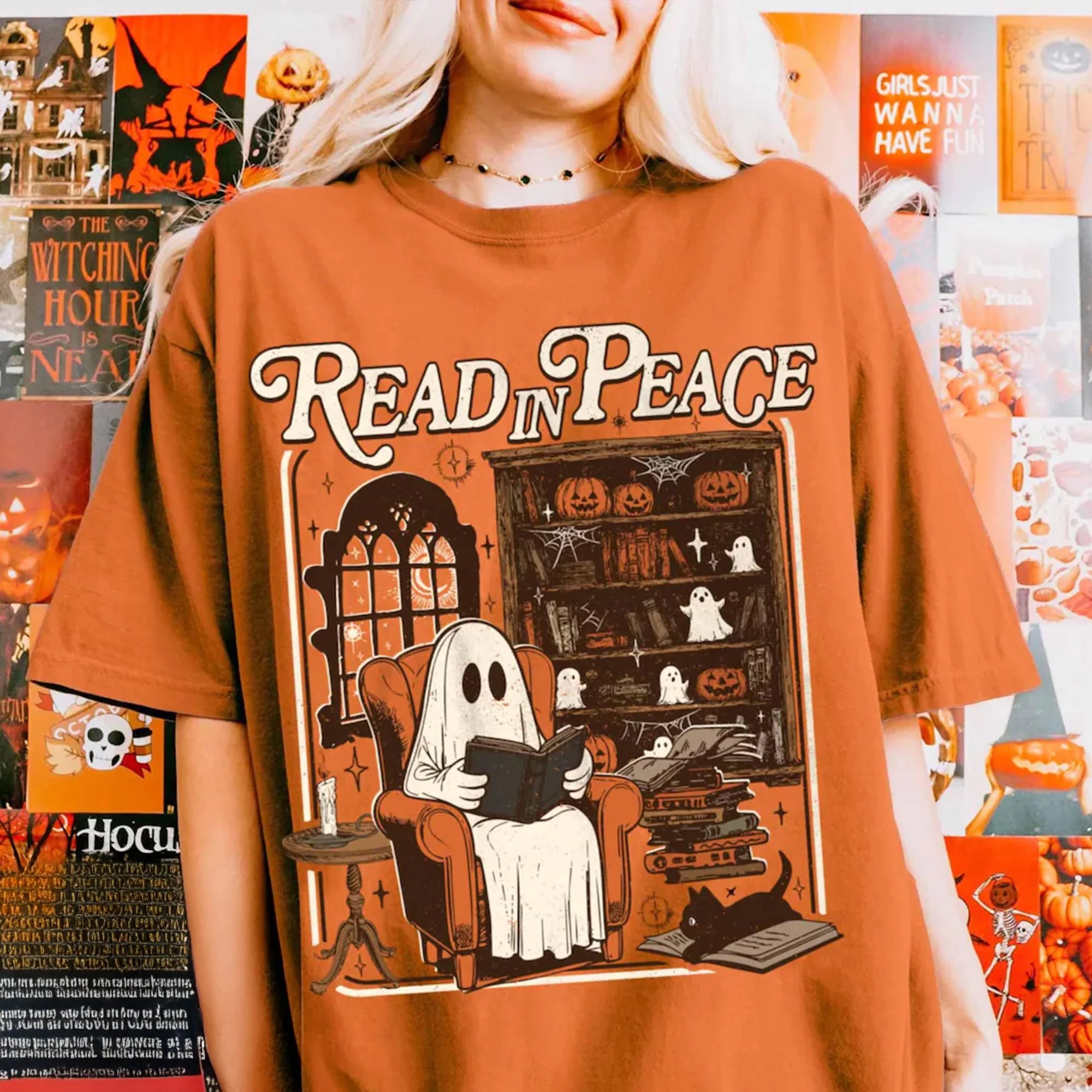 Read In Peace Comfort Colors T-Shirt, Retro Ghost Reading Books Shirt, Librarian Ghost Halloween, Book Lover Halloween, Spooky Season Shirt
