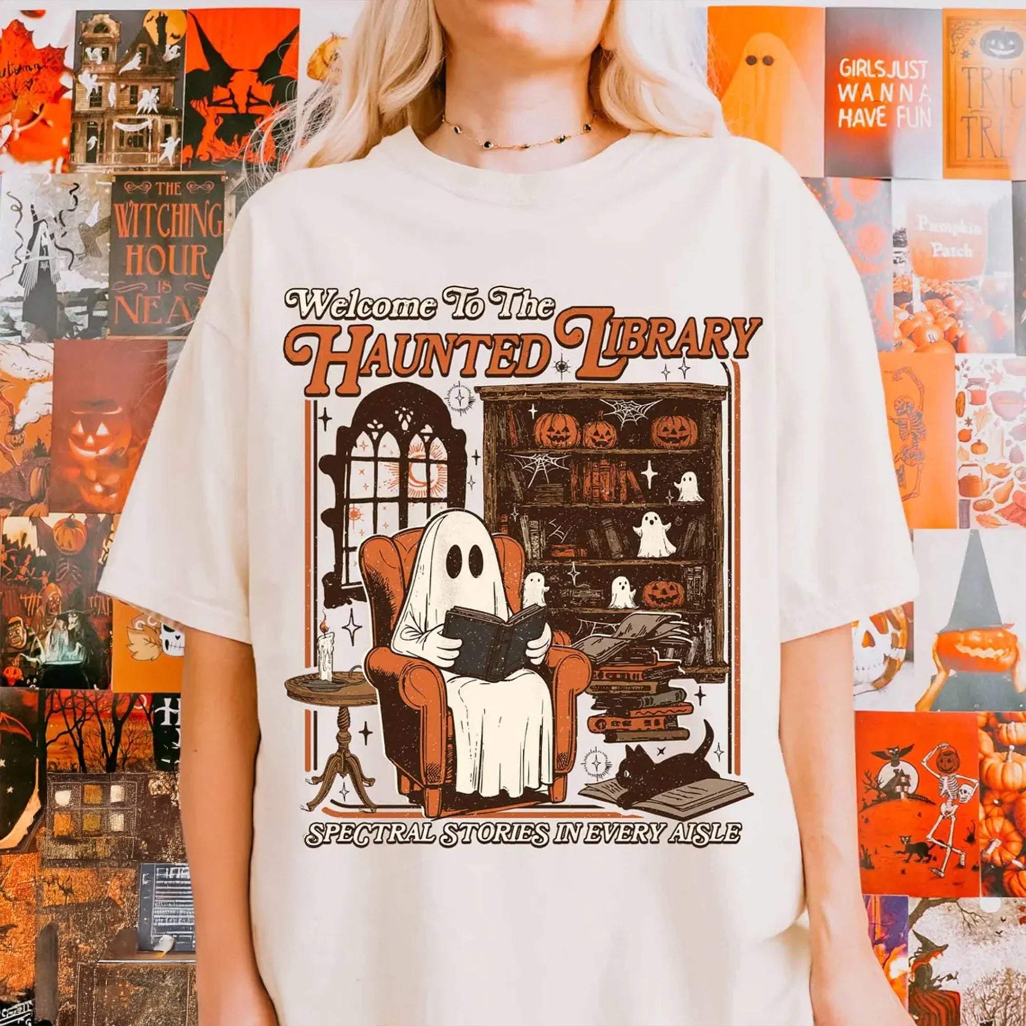 Haunted Library Comfort Colors T-Shirt, Retro Ghost Reading Books Shirt, Reading Ghost T-shirt Fall, Librarian Ghost Halloween, Teacher Gift