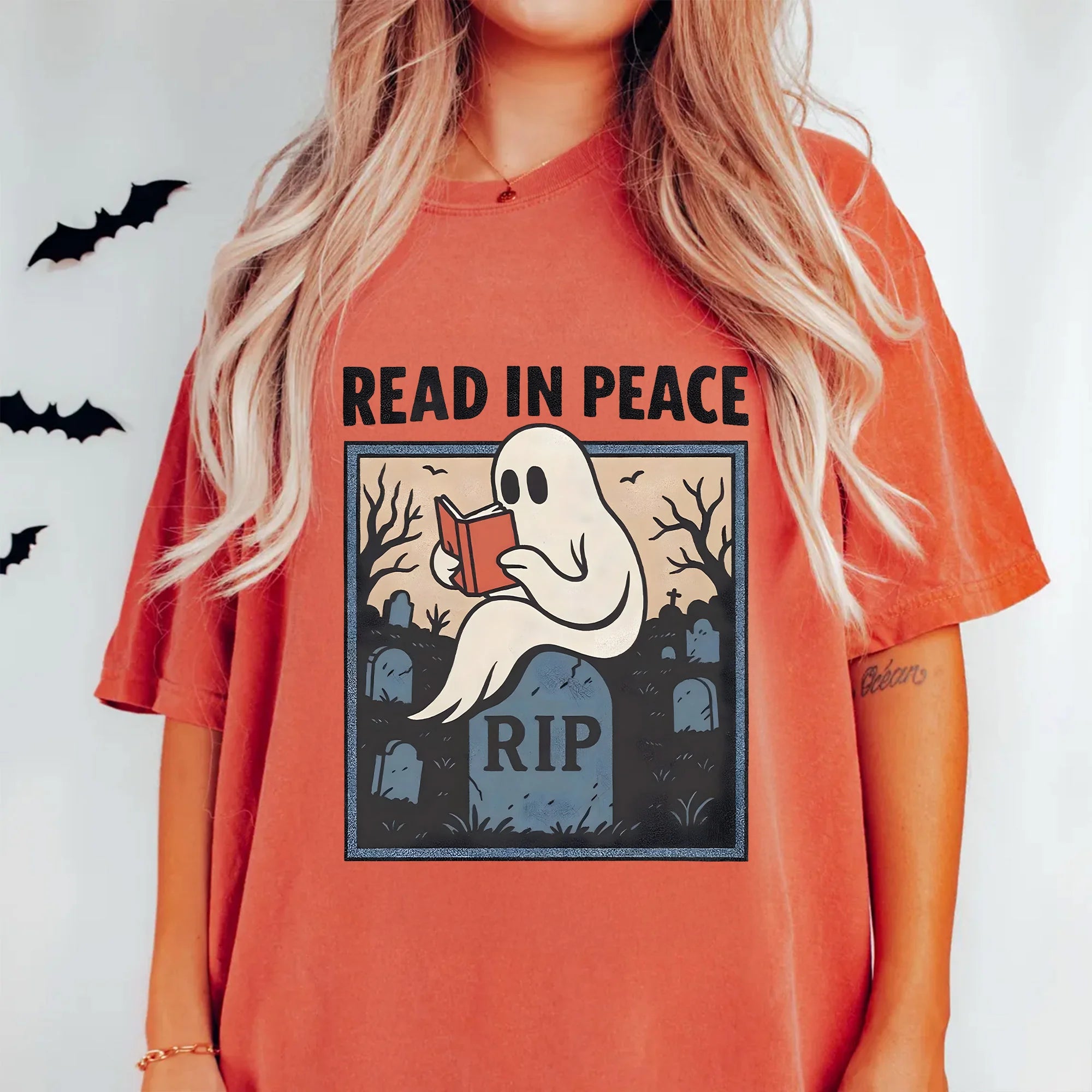 Comfort Colors Read in Peace Shirt, Ghost Reading in Graveyard Shirt, Halloween Reading Shirt, Reader Shirt, Fall Reading Sweatshirt