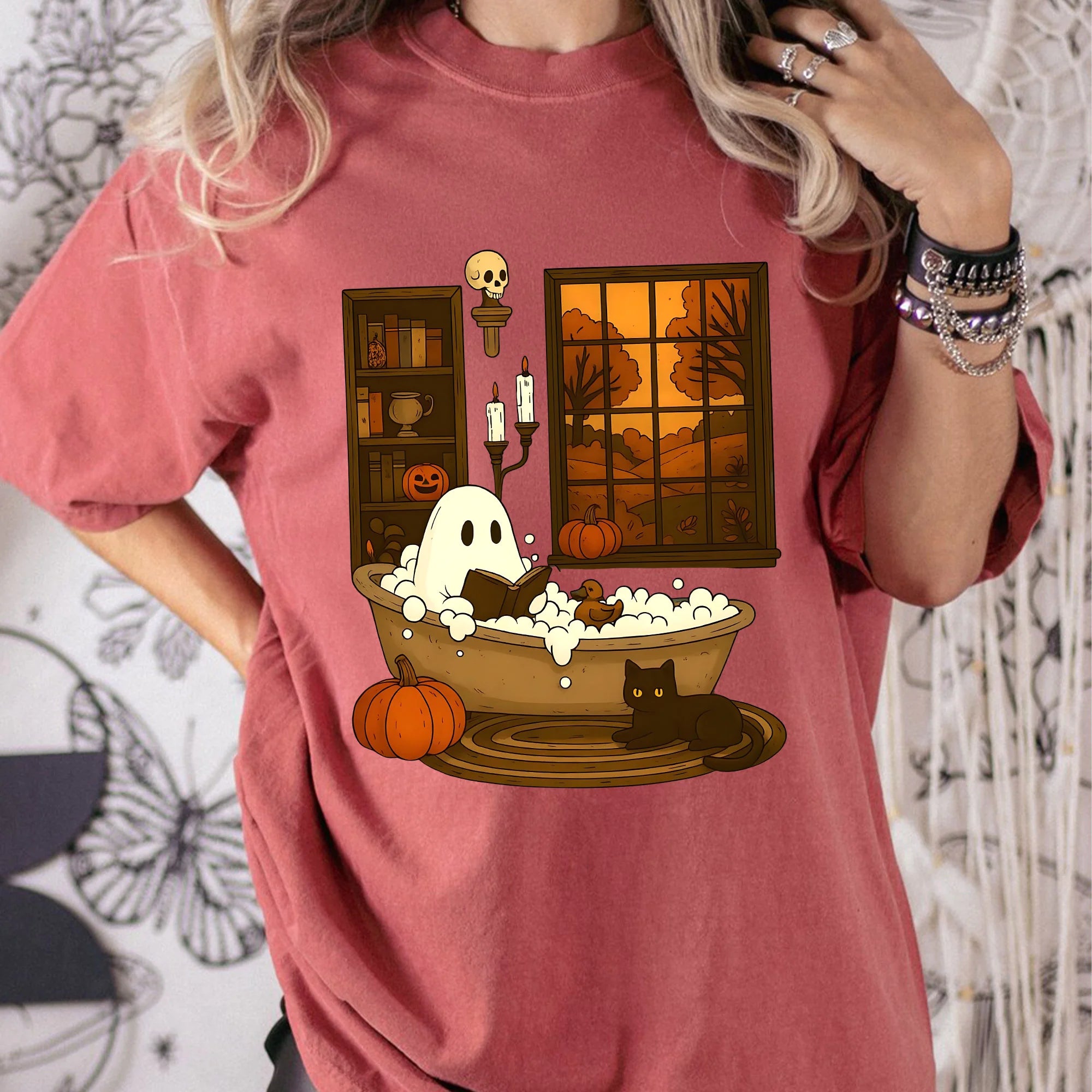 Comfort Colors Retro Ghost Reading T-Shirt, Cute Ghost Shirt, Modern Halloween Fall Sweater, Cute Halloween Shirt, Fall Shirt, Bubble Bath