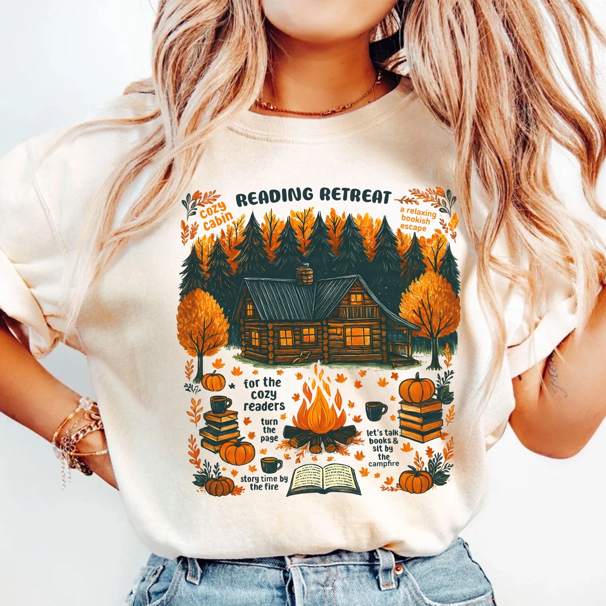 Cozy Cabin Reading Retreat T-Shirt, Fall Bookish Autumn Tee, Cute Literary Aesthetic, Unisex Cozy Readers Graphic T‑Shirt for Book Lovers