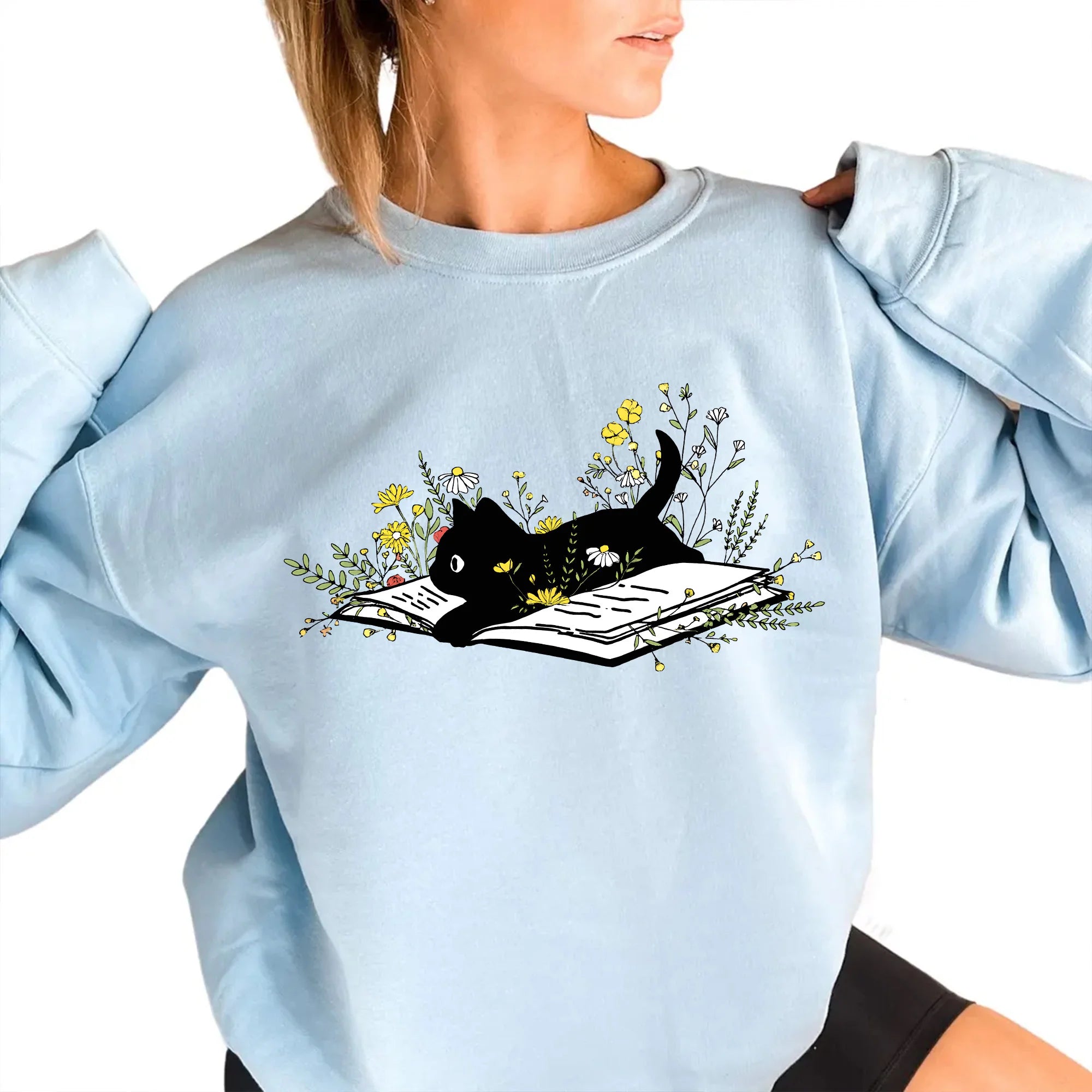Cute Cat Book Sweatshirt, Bookish Sweatshirt, Book Lover Shirt, Gift for Cat Lover, Librarian Gift, Floral Cat Shirt, Cat Mom, Black Cat