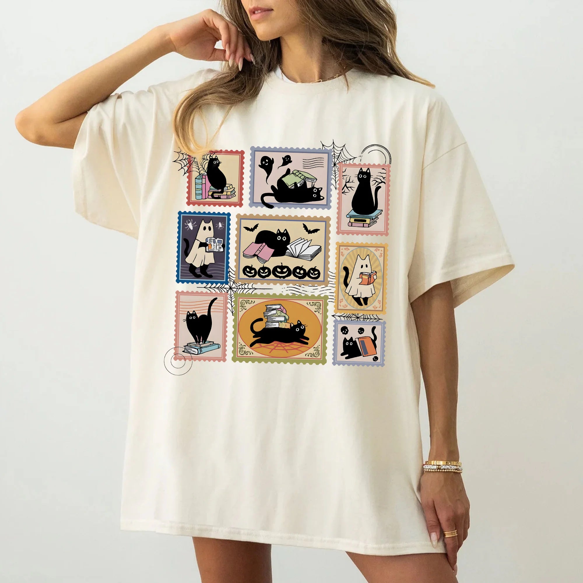 Halloween Black Cat and Book T-Shirt, Ghost Black Cat Reading Books Shirt, Ghost Black Cat Bookshelf Shirt, Black Cat Spooky Season Shirt