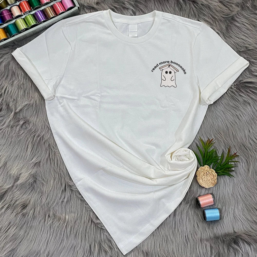 Embroidered Ghost Book T-Shirt | Fall Spooky Season Tee | Cute Ghost Clothing | Halloween Teacher-Bookish-Librarian Gift