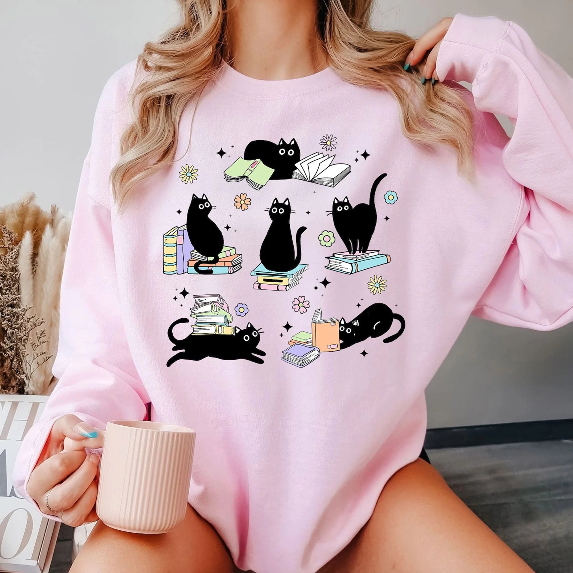 Black Cat And Book Sweatshirt, Black Cat Lover Shirt, Cat Reading Books Shirt, Black Cat Gift For Librarian