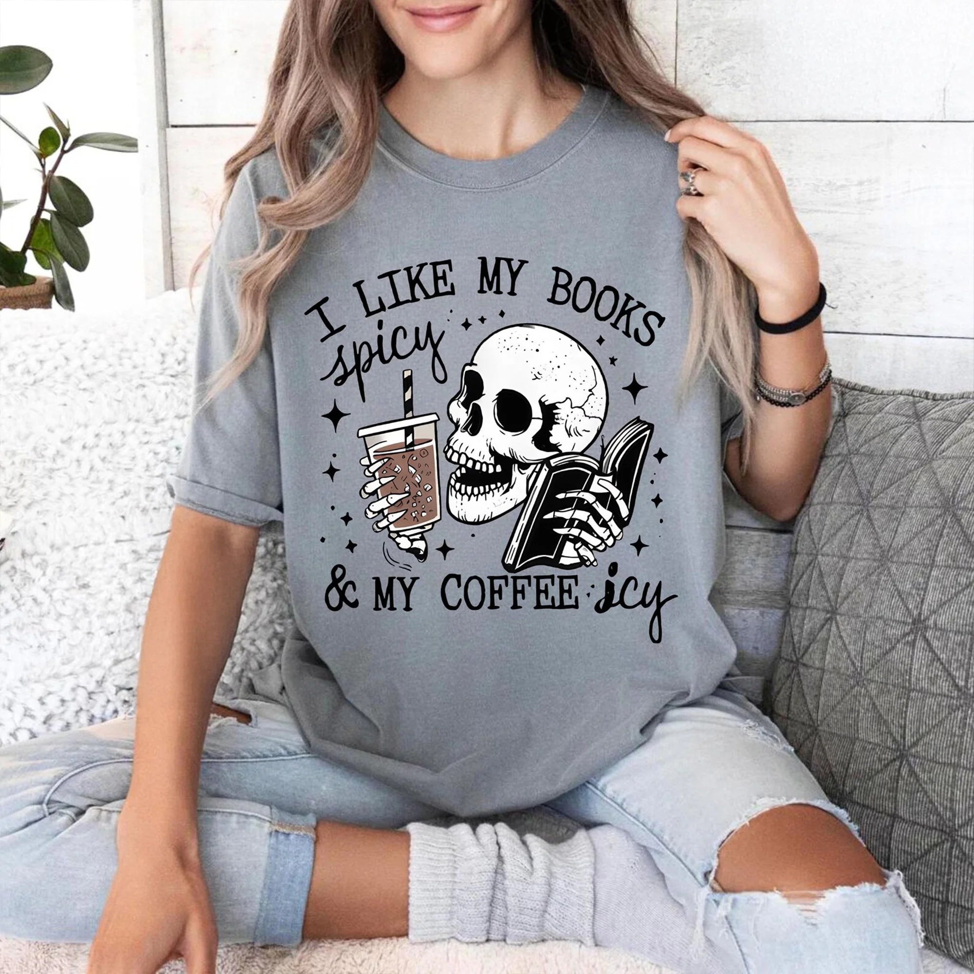 Comfort Colors Book and Skull T-Shirt, I Like My Books Spicy And My Coffee Icy, Spicy Book Shirt, Smut Reader Gift, Bookish Tee,Fantasy Reader