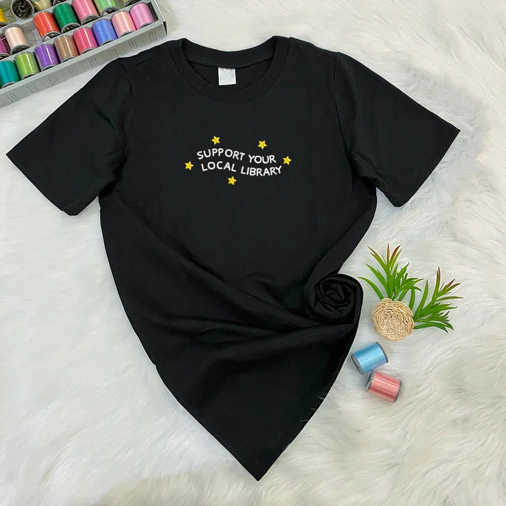 Support Your Local Library Embroidered T-shirt, Librarian Shirt, Public Resources, Reader Gift for Librarian Lovers