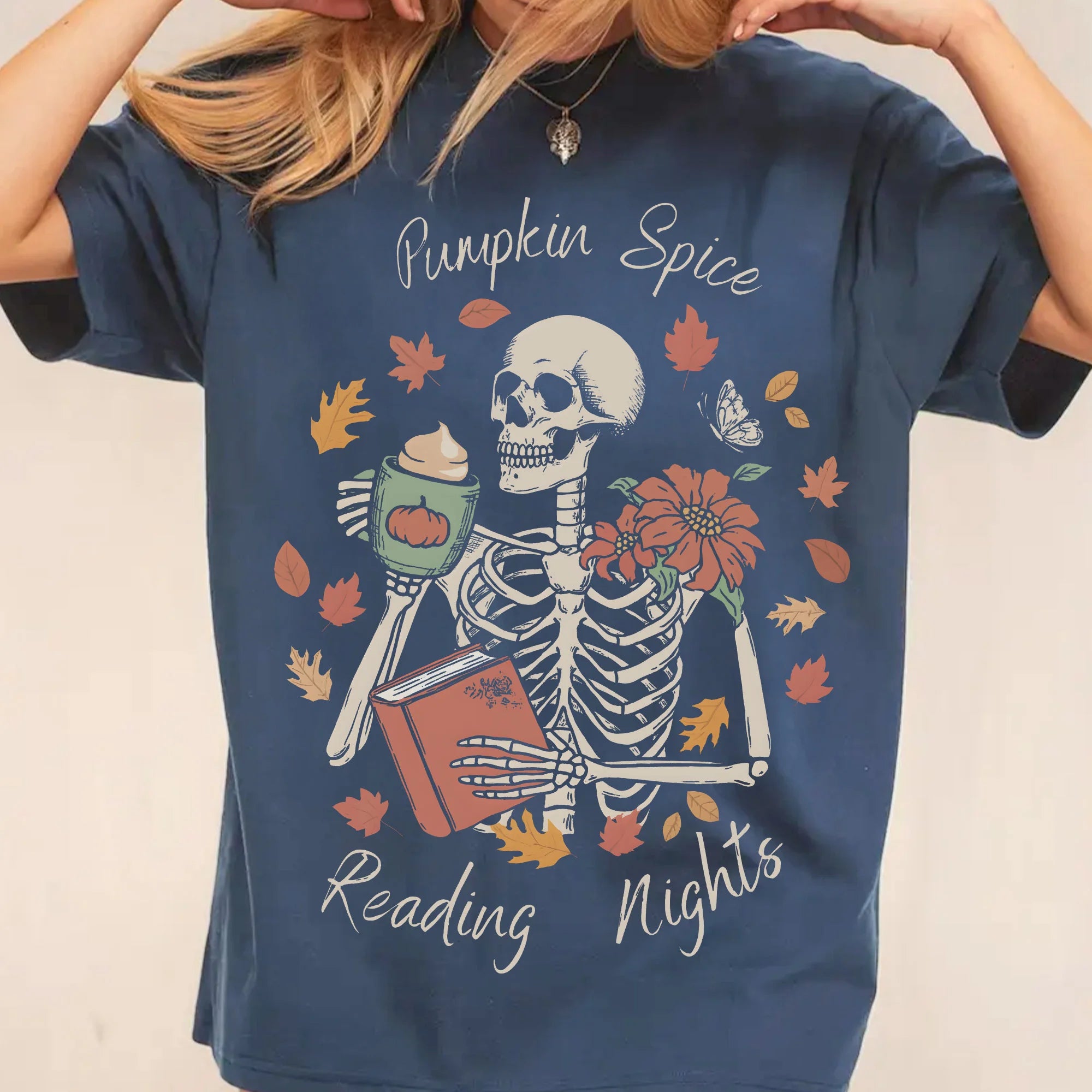 Bookish Skeleton Pumpkin Spice Shirt, Fall Reading Tee, Halloween Graphic T-Shirt for Book Lover, Autumn Cozy Top, Spooky Season Reader Gift