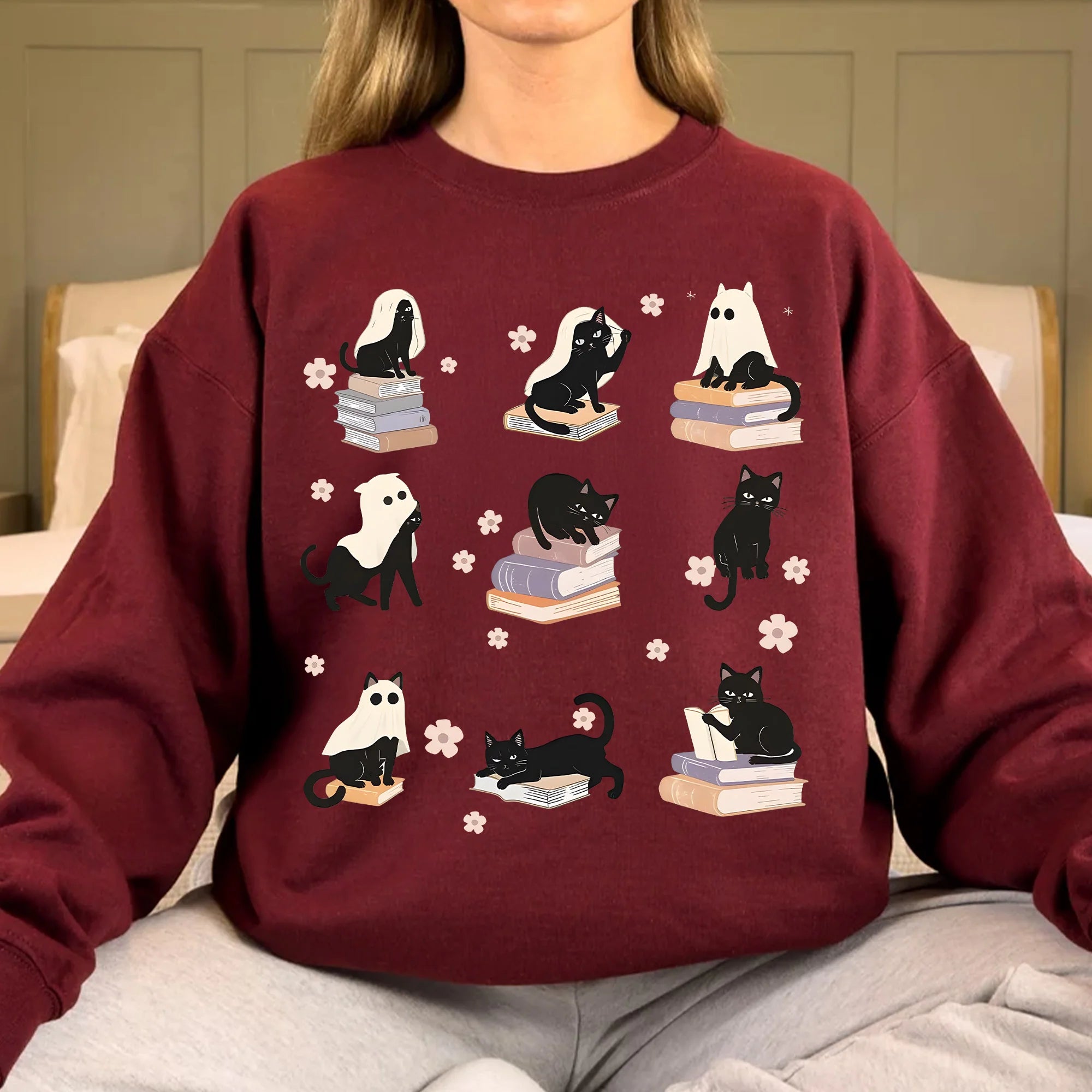 Halloween Black Cat & Ghost Sweatshirt, Halloween Ghost Tshirt, Spooky Season Cat Tee, Halloween Cute Women Outfit, Halloween Gift Shirt