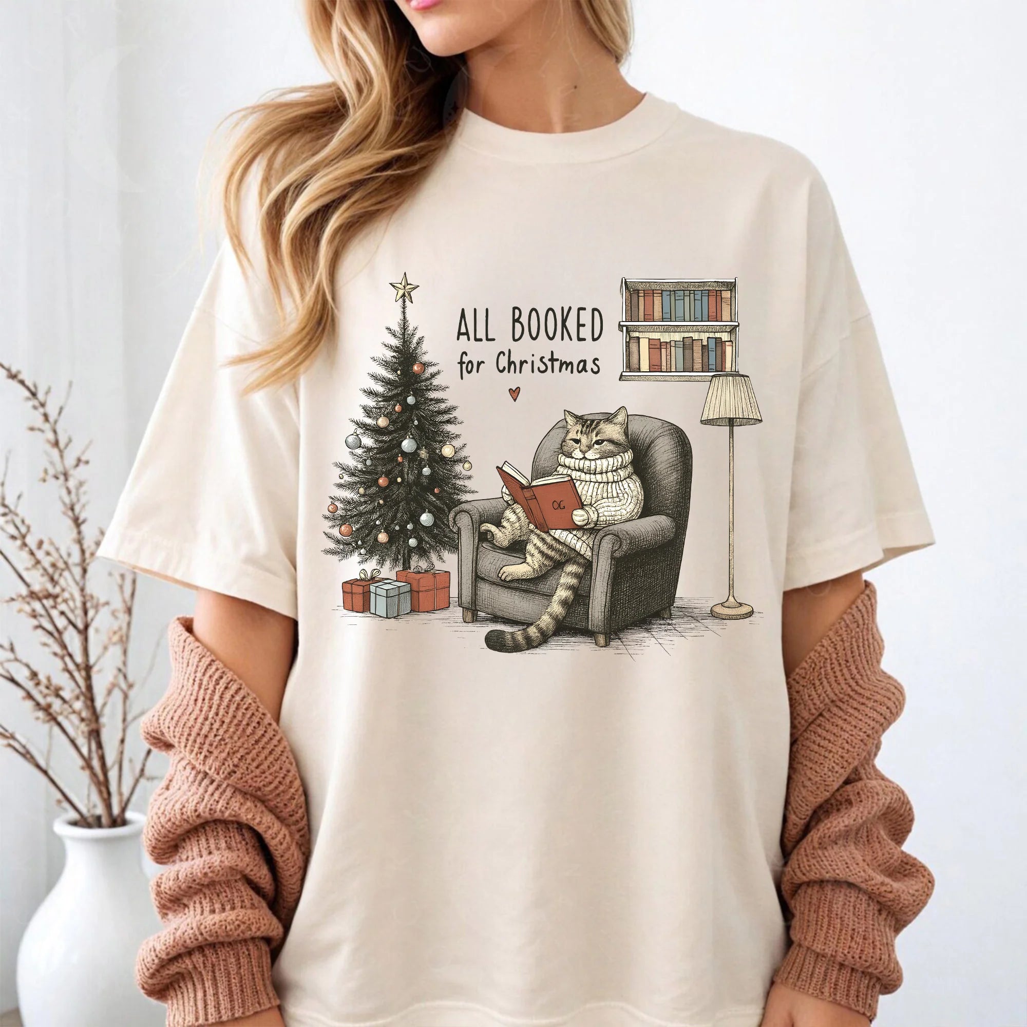 All Booked for Christmas T-Shirt, Bookish Cat Shirt, Womens Christmas Shirt, Cute Winter Shirt, Christmas Shirt, Gift For Christmas, Gift
