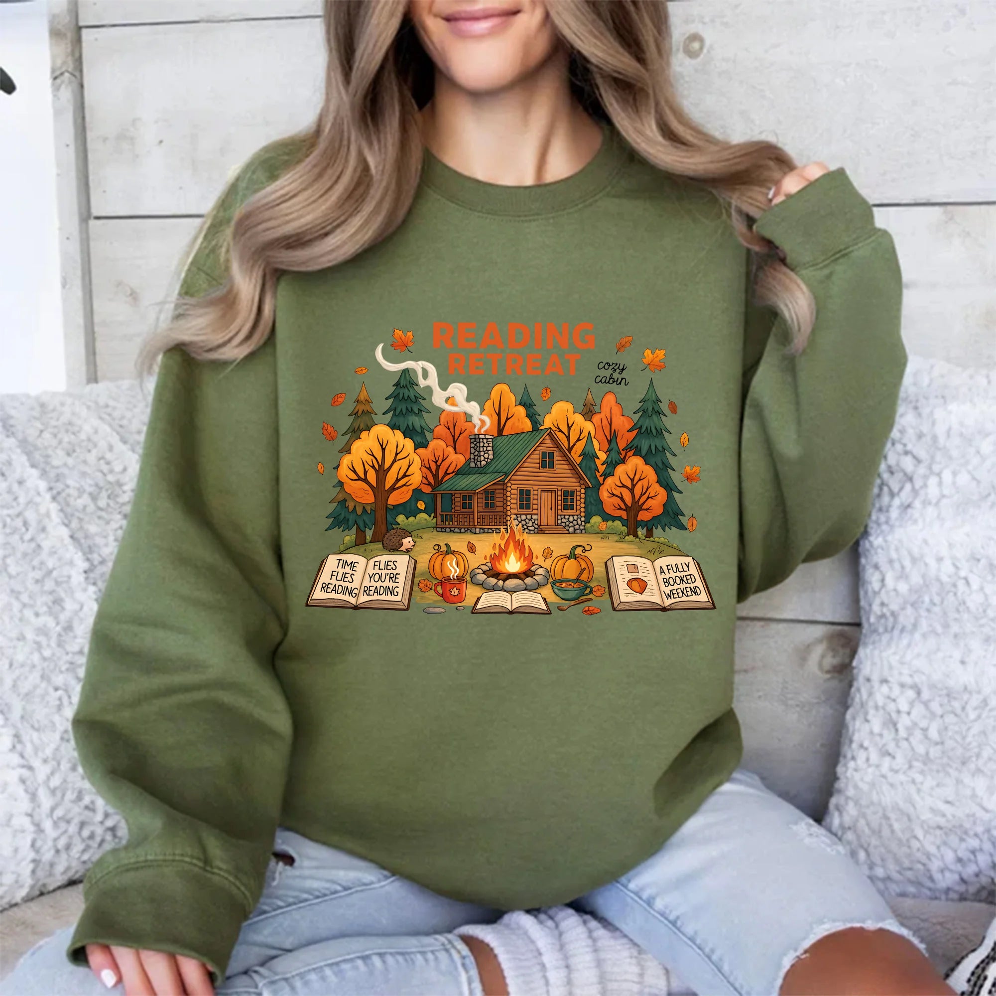 Cozy Cabin Reading Retreat Sweatshirt, Fall Bookish Autumn Tee, Cute Literary Aesthetic Sweat, Unisex Cozy Readers Graphic Sweat For Book Lovers