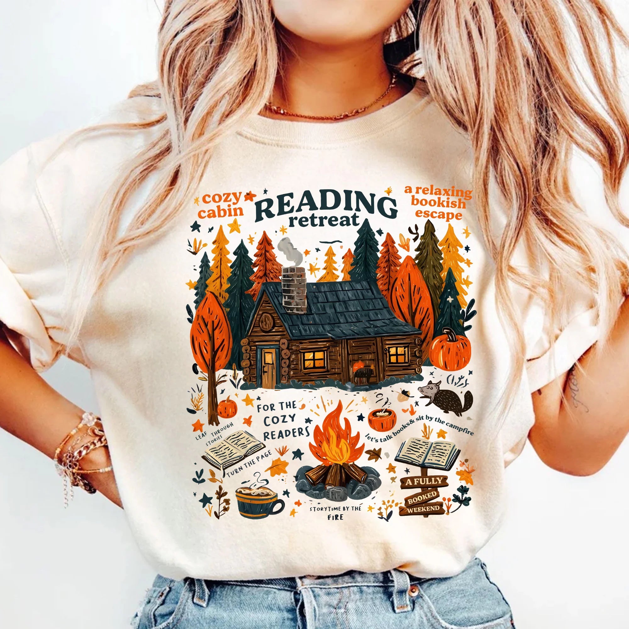 Cozy Cabin Reading Retreat T-Shirt, Cute Literary Aesthetic, Fall Bookish Autumn Tee, Unisex Cozy Readers Graphic T‑Shirt for Book Lovers