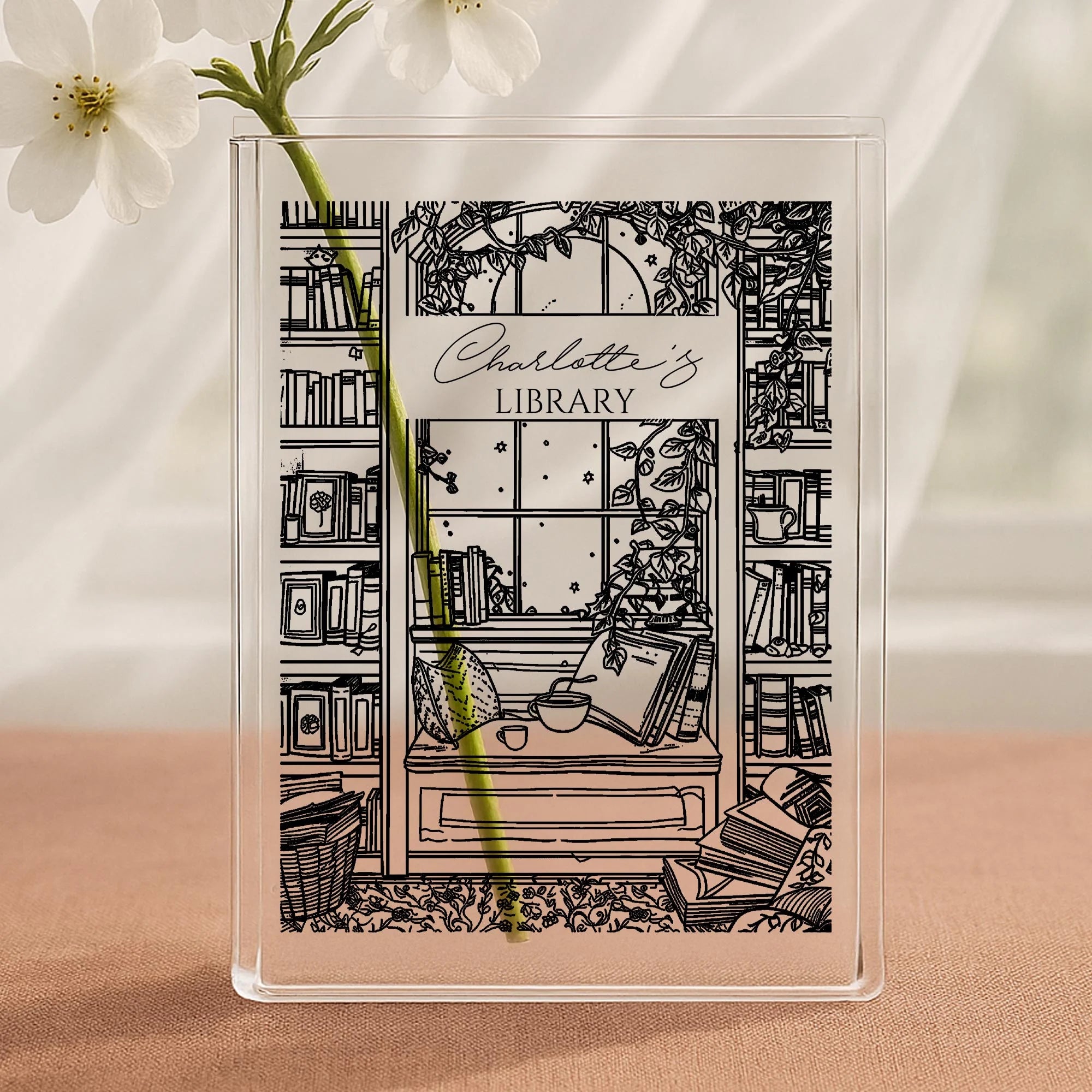 Custom Floral Acrylic Book Vase – Bookish Decor for Readers, Librarians & Book Lovers, Unique Bookshelf Accent and Gift for Her