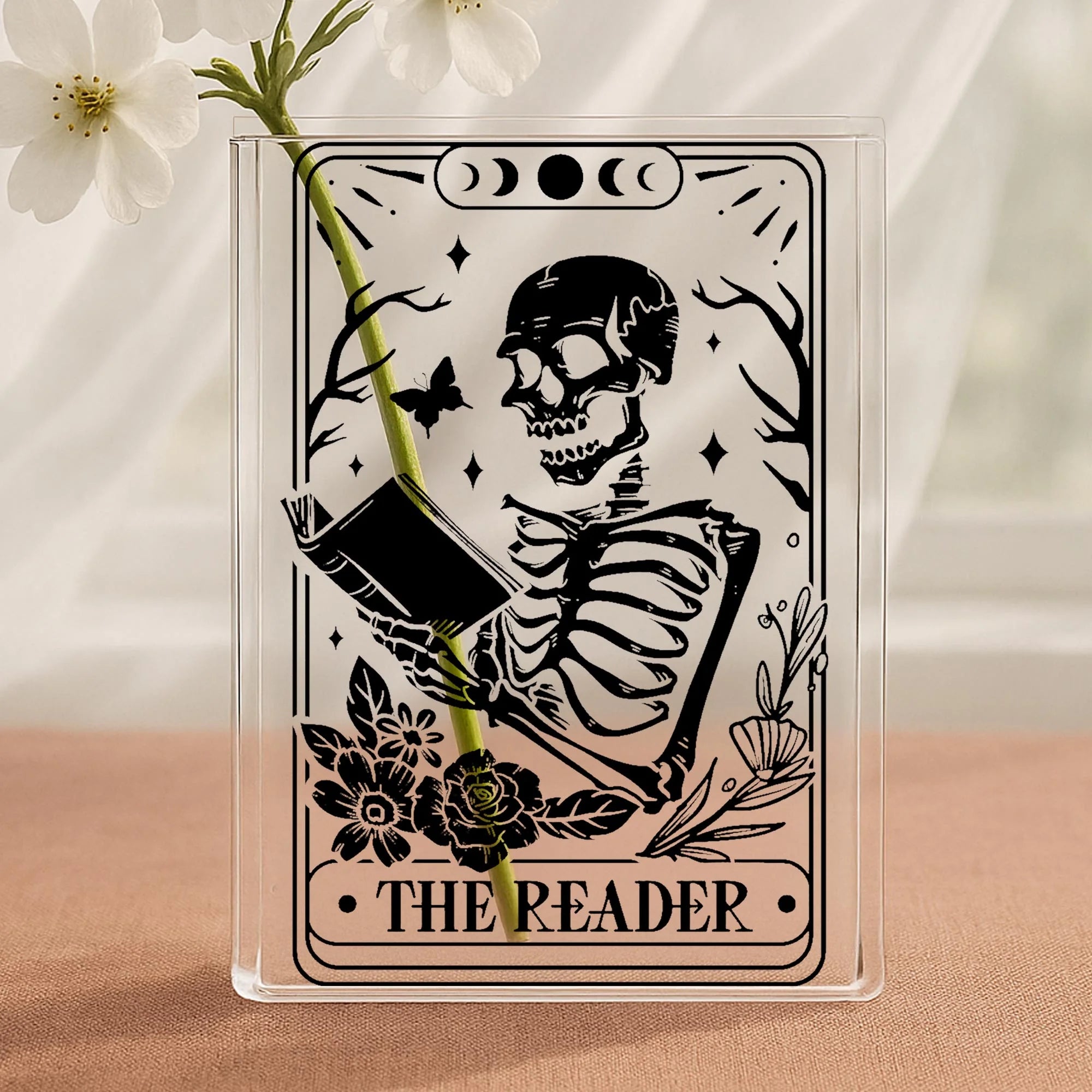 The Reader Tarot Acrylic Book Vase – Skeleton Reading Decor for Book Lovers, Bookish Gift for Tarot Fans, Unique Gift for Book Clubs
