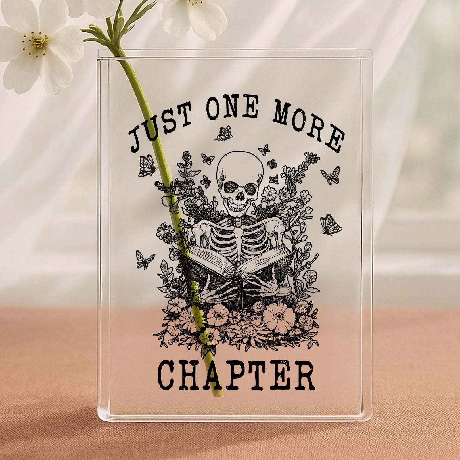 One More Chapter Acrylic Book Vase – Double-Sided Bookish Decor, Gift for Book Lovers and Book Addicts, Literary Nerd Shelf Accent