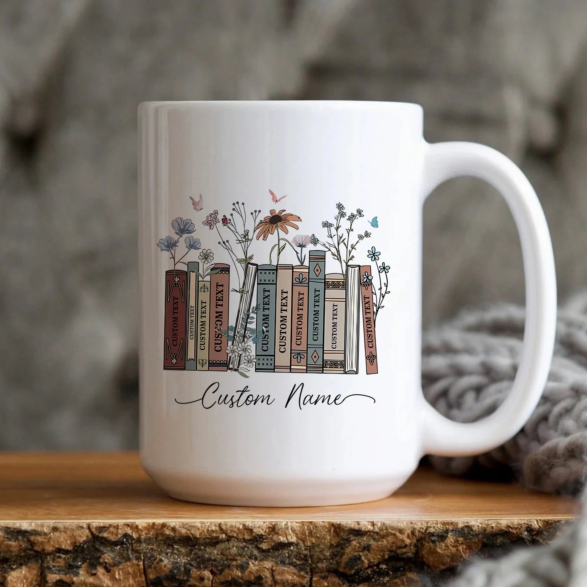 Floral Books Mug, Favorite Bookshelf Coffee Mug, Custom Tittle & Name Librarian Bookworm Gift for Reader, Gift for Book Lovers