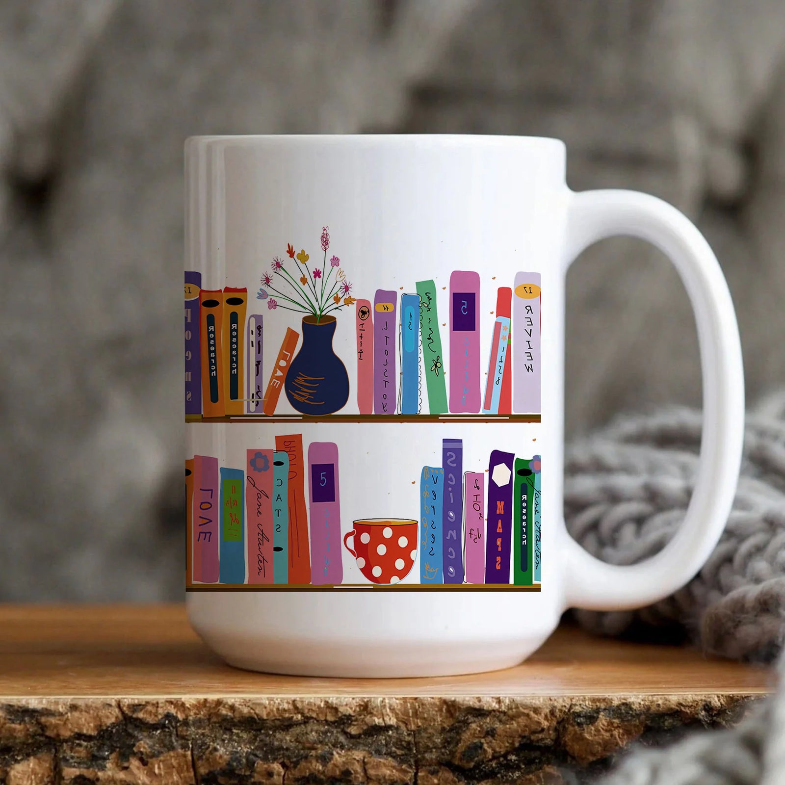 Colorful Book Shelf 11-ounce Ceramic Mug for Book Lover Gifts- Gifts for Readers- Library Love- Morning Coffee or Tea
