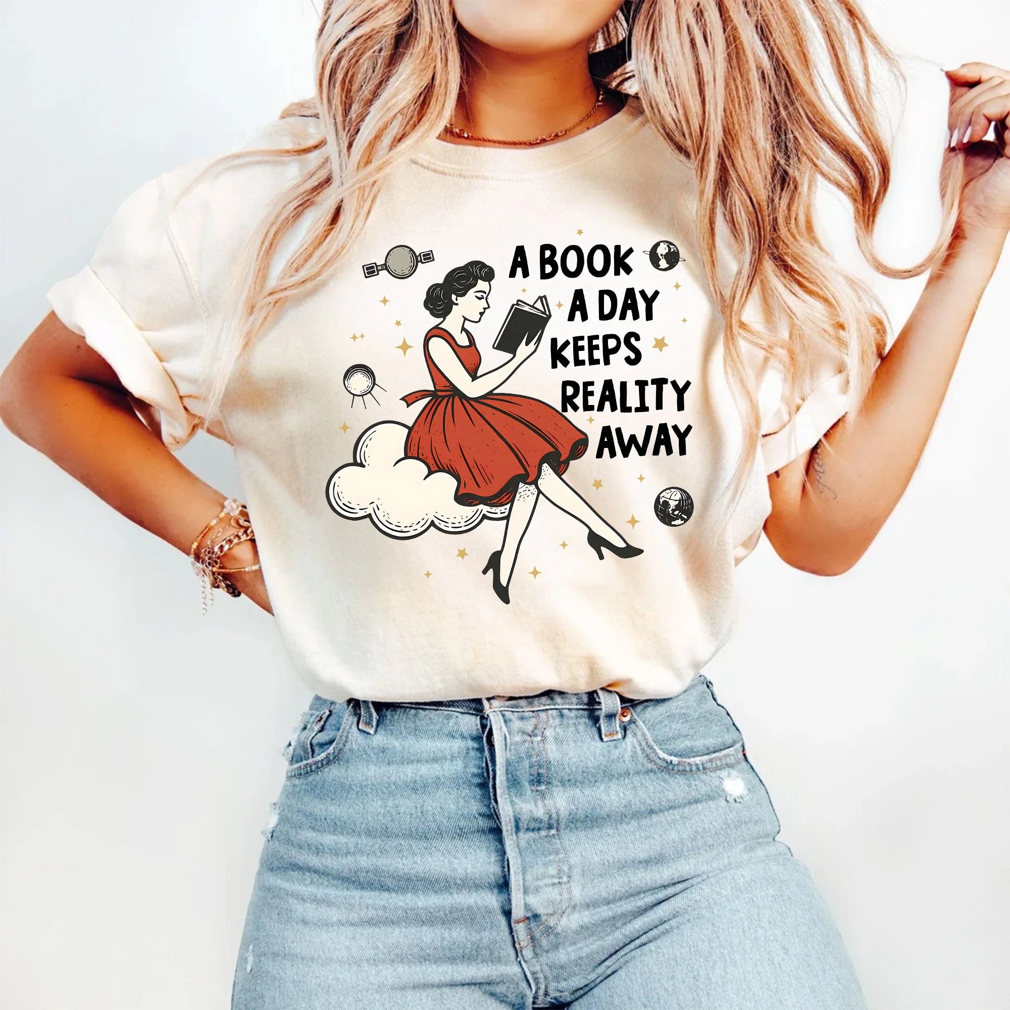A Book a Day Keeps Reality Away T-Shirt | Vintage Retro Funny Bookish Shirt | Book Lover Woman Reading Quotes Tee | Gift for Readers