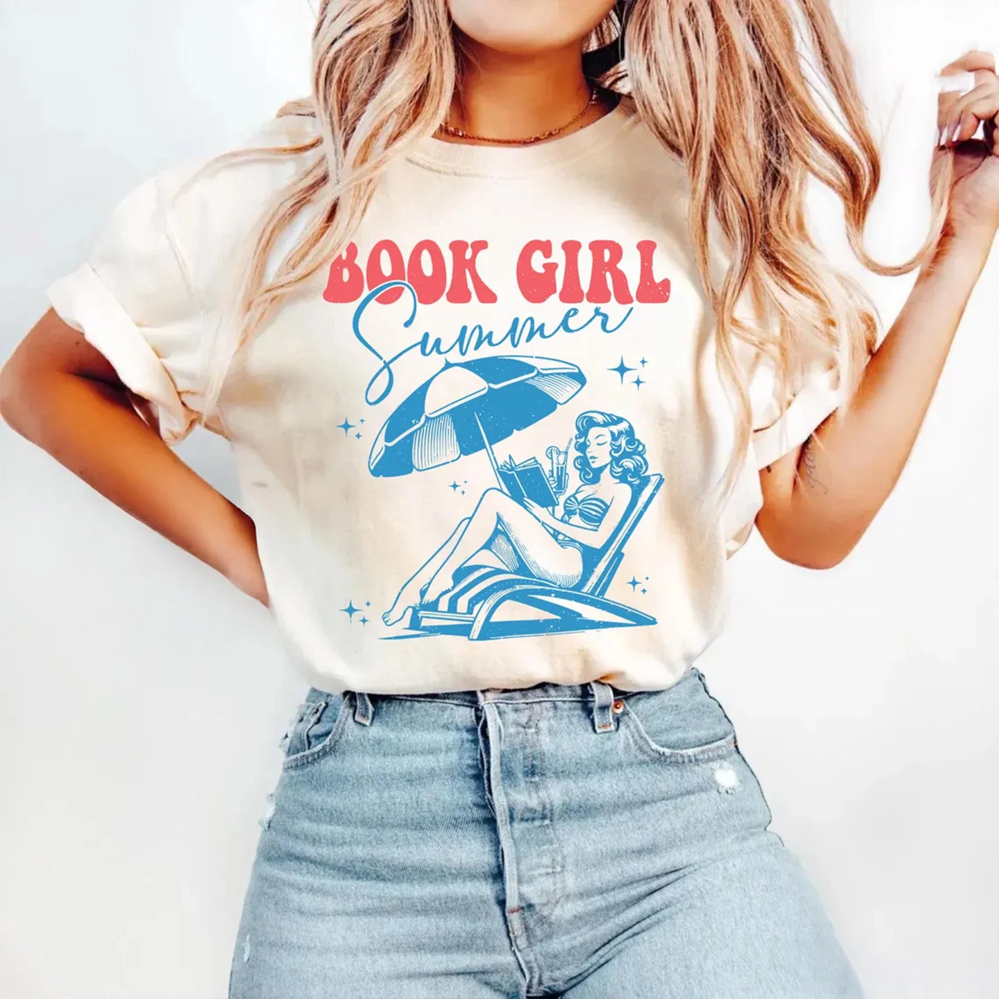 Comfort Colors® Book Girl Summer T-Shirt, Retro Summer Vibes Tee, Beach Book Lover Gift, Girl Vacation, Funny Bookish Reader, Bookworm Shirt
