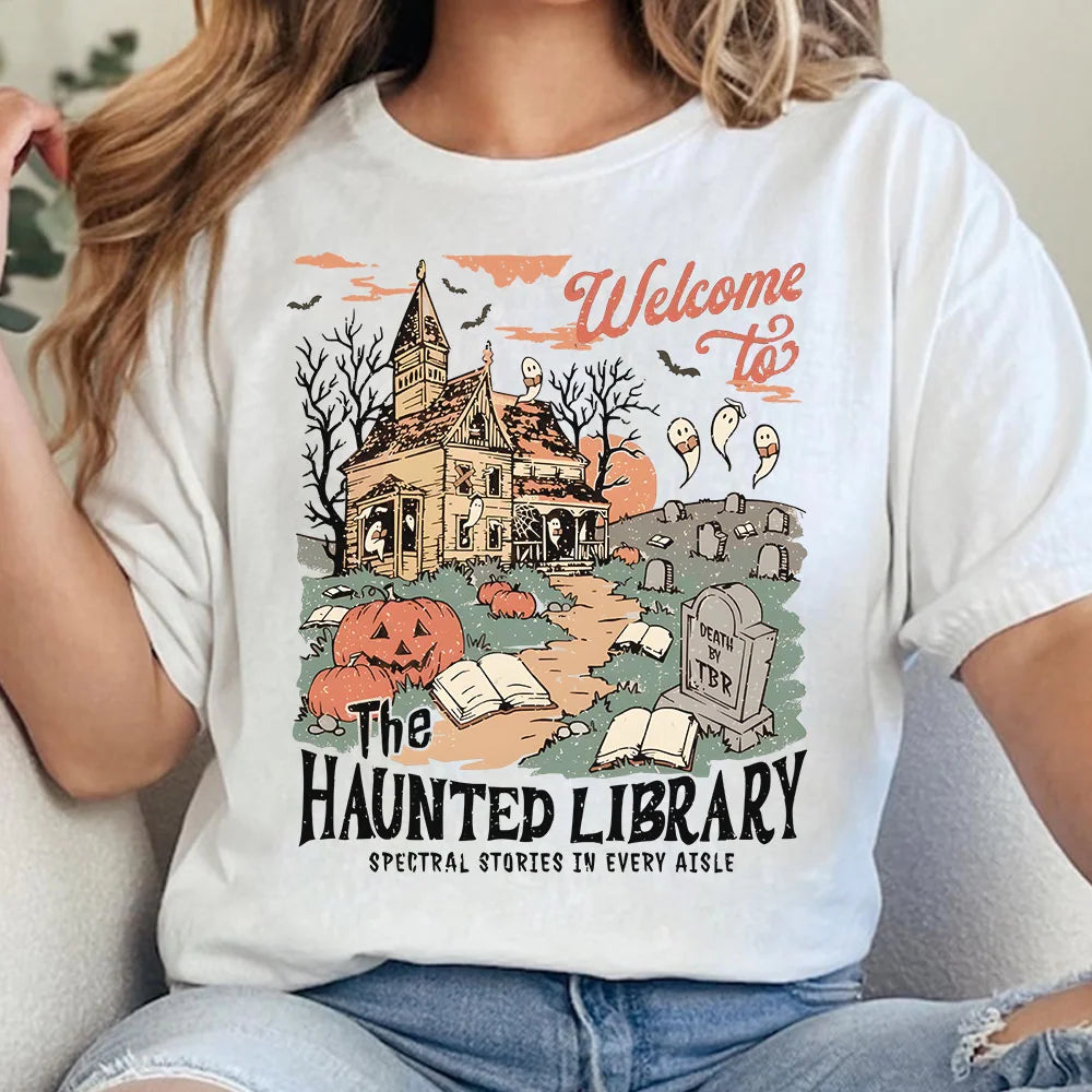 Spooky Book Lover Tee – Funny Halloween Ghost T-Shirt for Librarians, Haunted Library Graphic, Fall Reading Crewneck, Bookish Comfort Colors