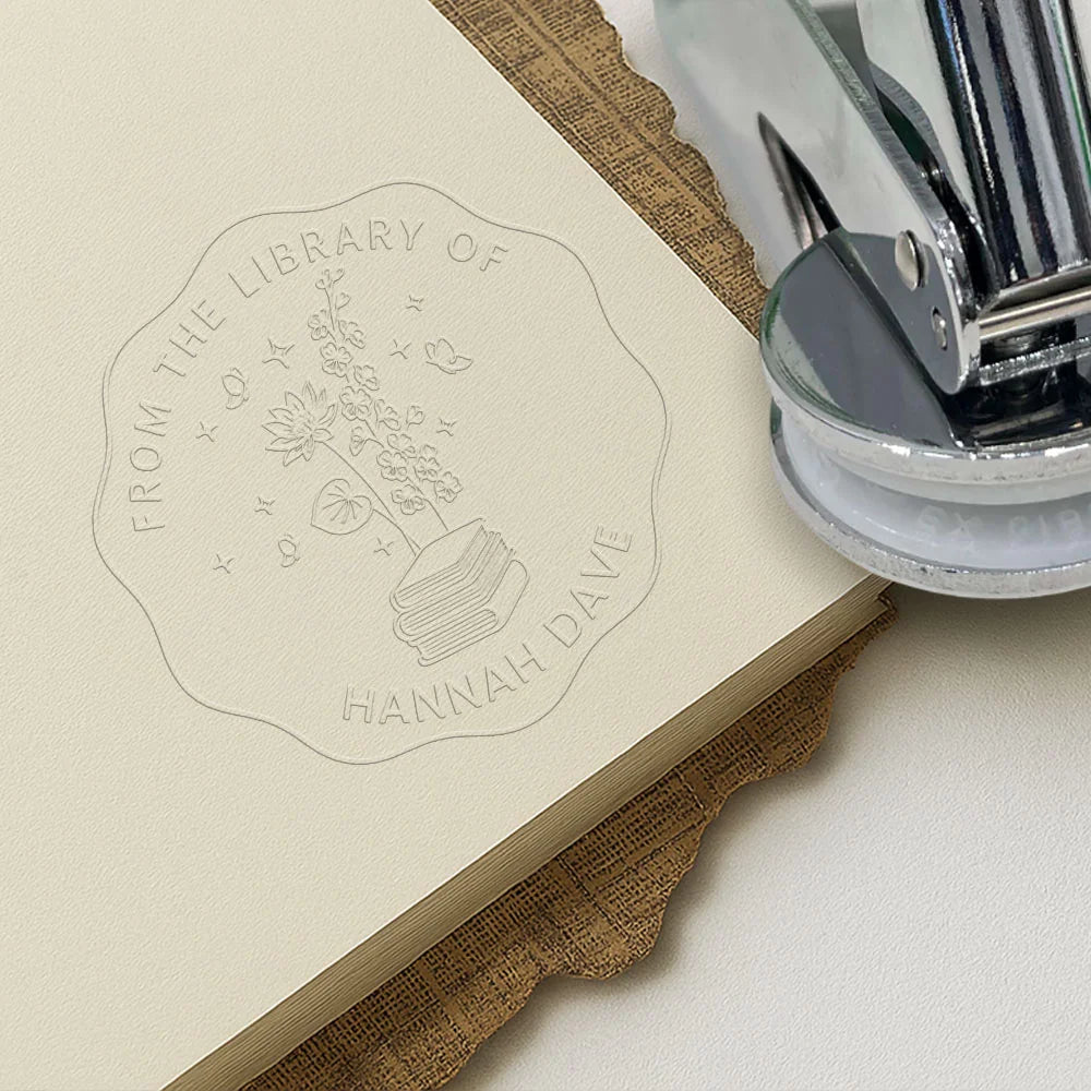 Book embossing stamp – Custom 'From the Library Of' with Birth Flower Design, Unique Mother's Day or Birthday Gift for Book Lovers