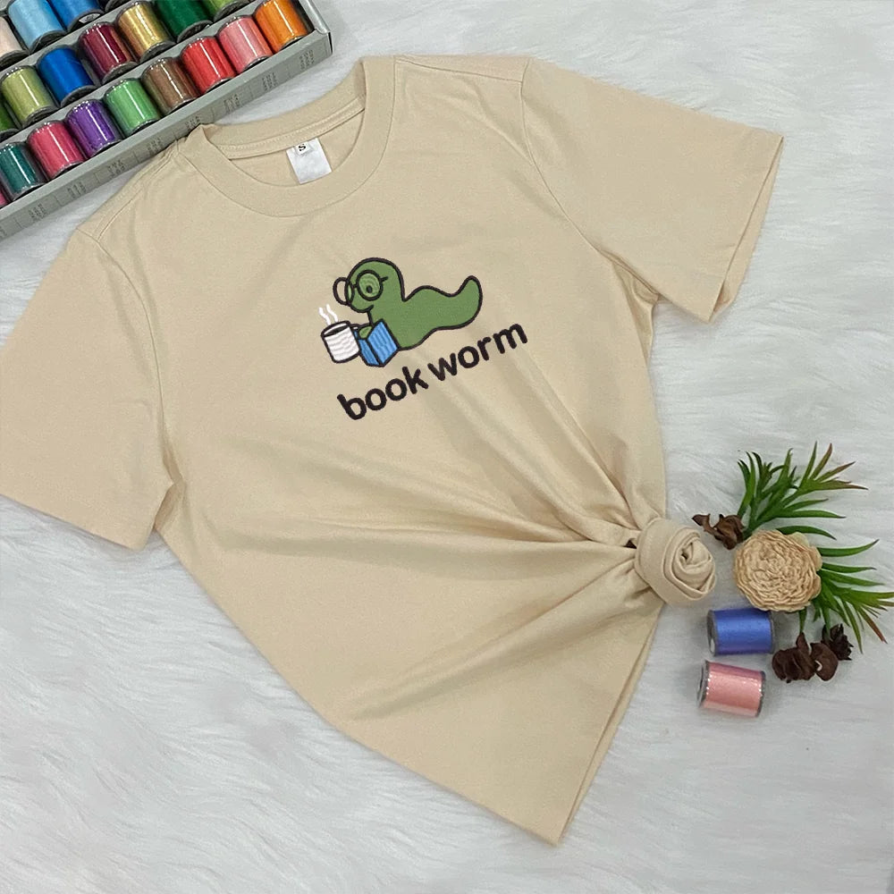 Bookworm Embroidered Tee, Cute Shirt for Readers, Book Lover Gift, Bookish Shirt, Aesthetic Bookworm T-Shirt, Reading Shirt