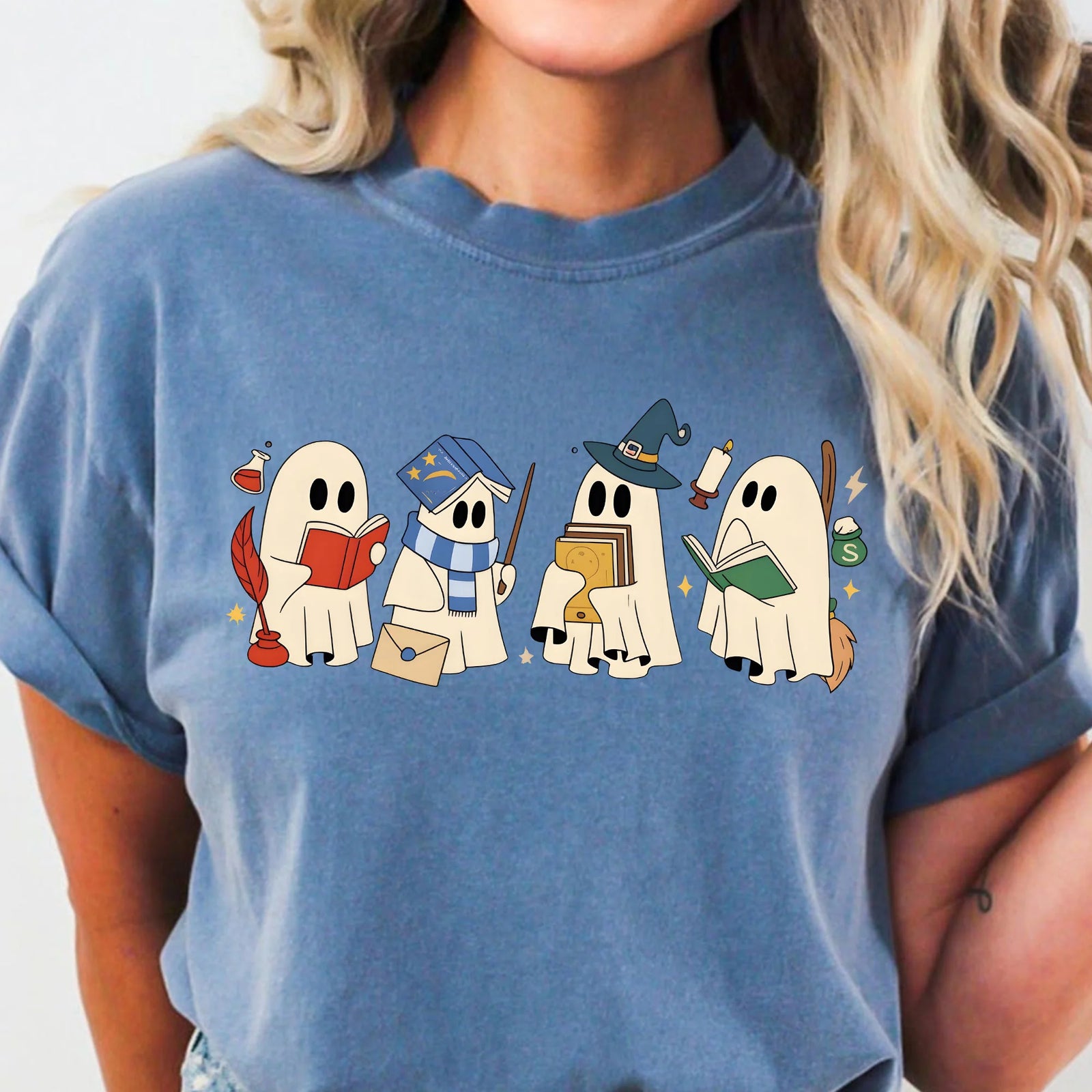 Comfort Colors® Halloween Ghosts Reading Book T-Shirt, Bookworm Shirt, Bookish Halloween Shirt, Halloween Reader Gift Shirt, Book Club Shirt
