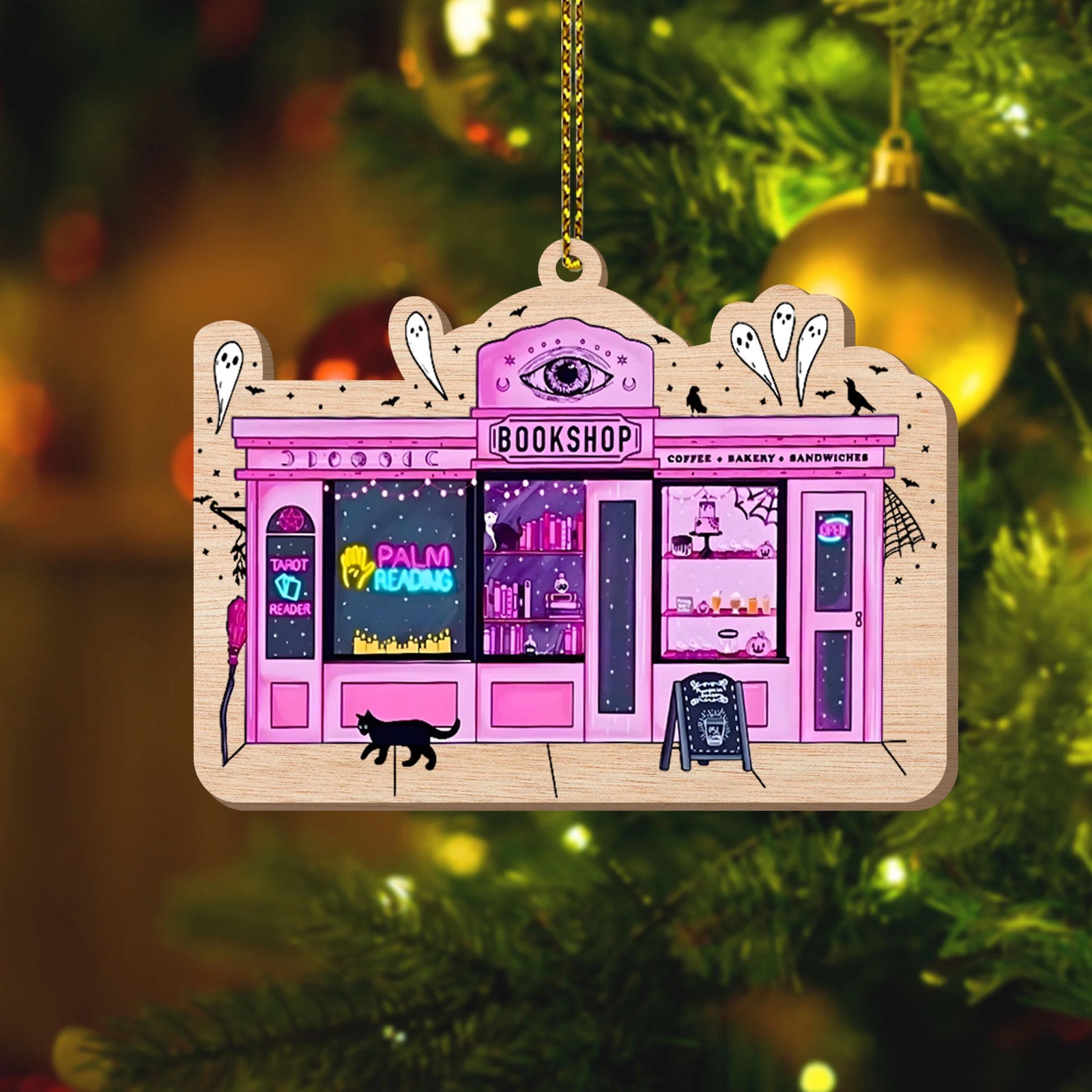 Pink Halloween Bookstore acrylic ornament | Spooky Cute Ornament | Girly Bookish Halloween Decor | Boo Basket Filler
