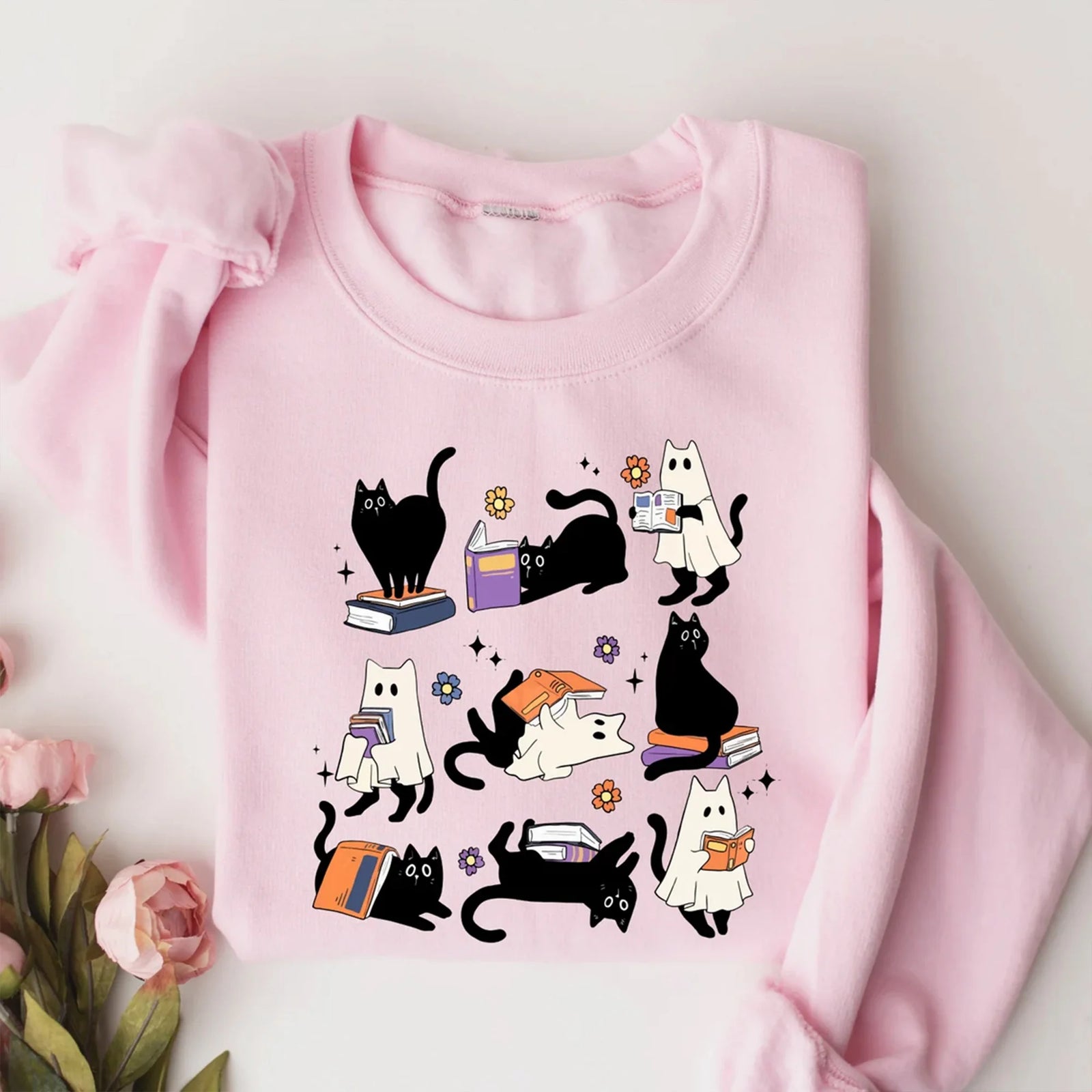 Ghost Black Cat Reading Books Sweatshirt, Librarian Ghost Halloween, Halloween Teacher Sweatshirt, Halloween Shirt, Teacher Gift, Boo School