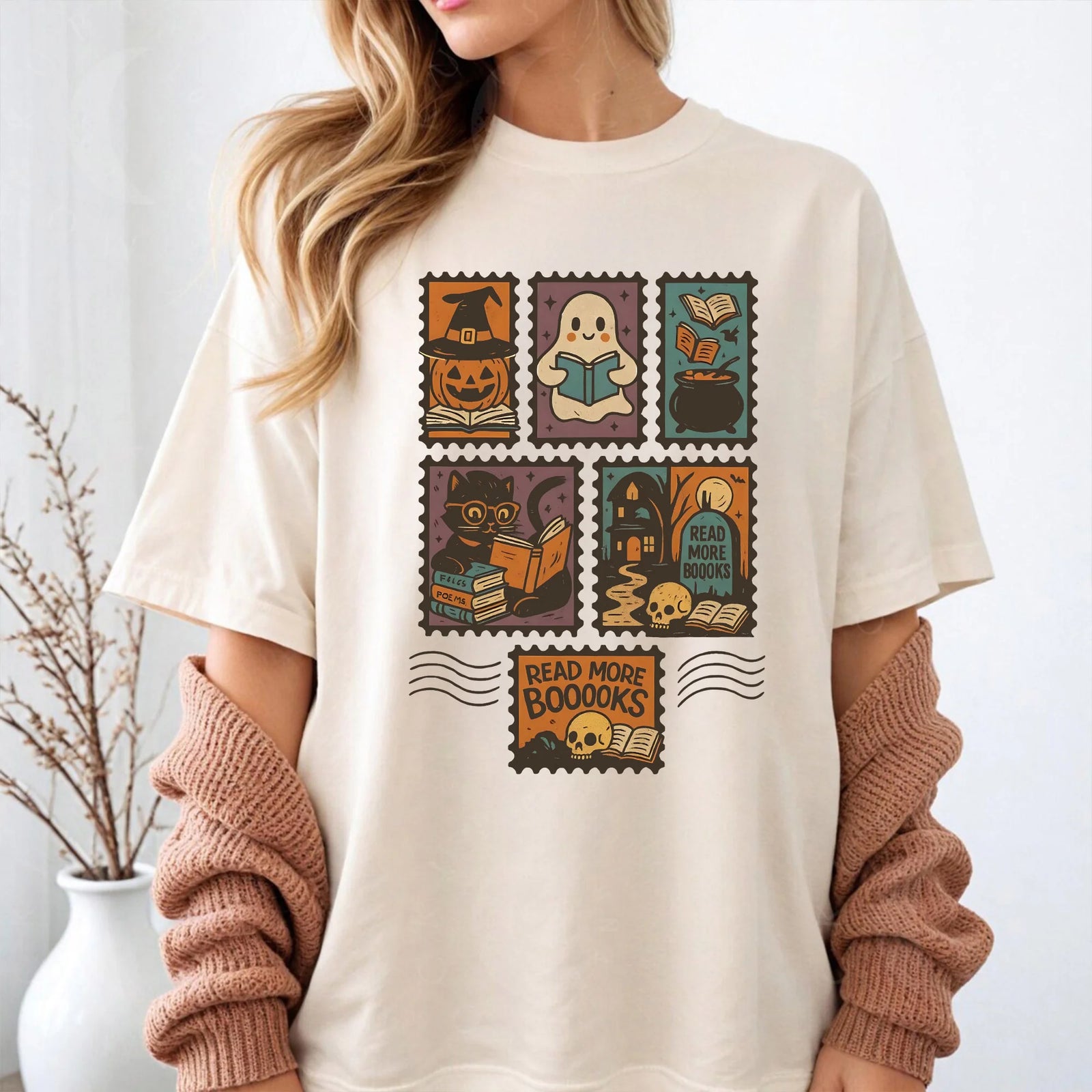 Comfort Color Halloween Postage Stamp T-Shirt, Halloween Stamp Shirt, Halloween Book Stamp Shirt, Book Lover Shirt, Fall Book Shirt, Autumn